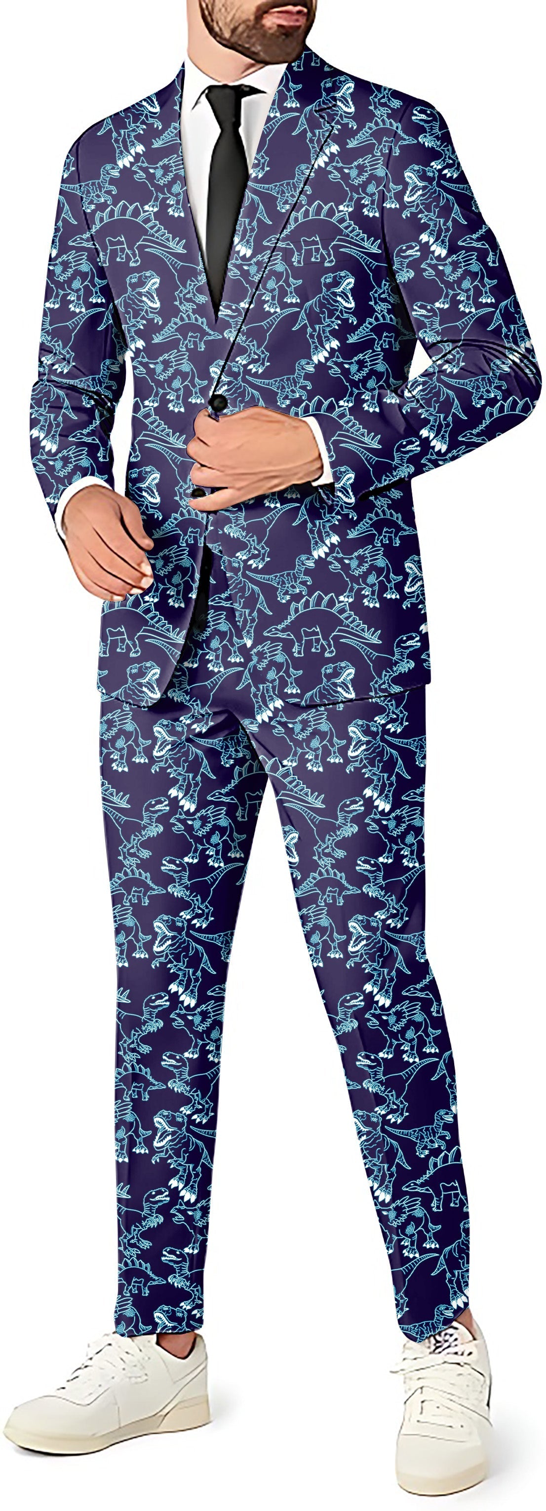 Neon Dino men's party suit set with blazer, pants, and vest in blue dinosaur print