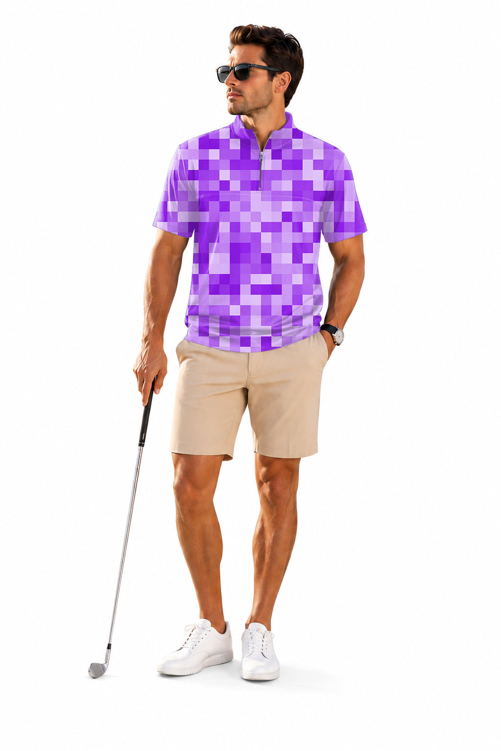 Men's Short Sleeve Quarter Zip Golf Pullover Purple Pixel-Big Embroidery