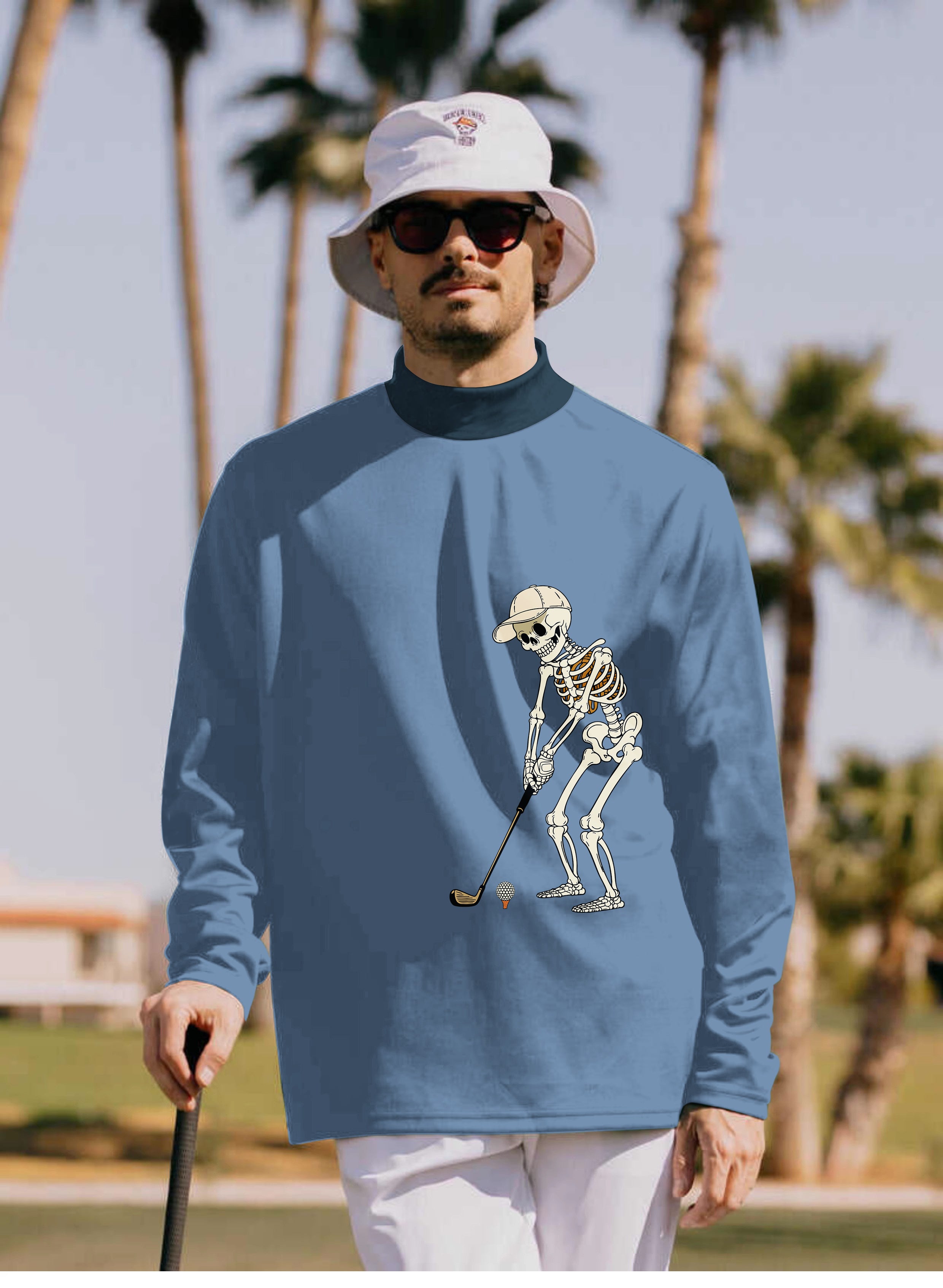Men's White Royal Blue Halloween Skeleton Golf Pullover High neck Long/Short sleeve T-Shirt