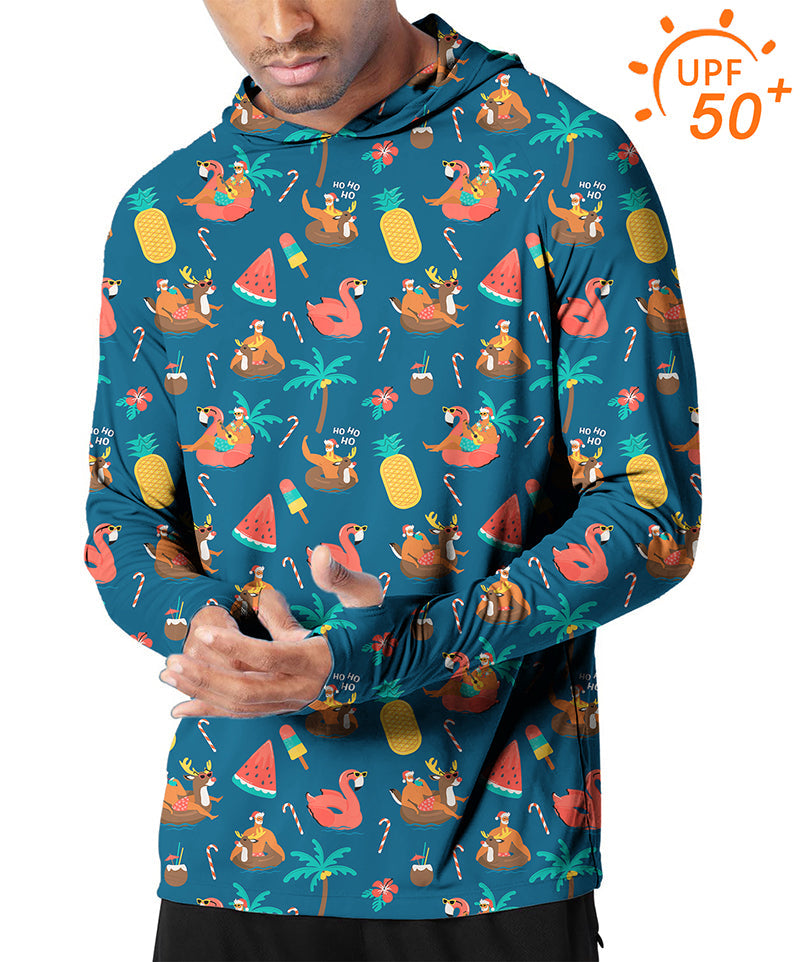 Men's outdoor Christmas-themed slim fit golf sun protection hoodie with UPF 50+ breathable fabric and festive print