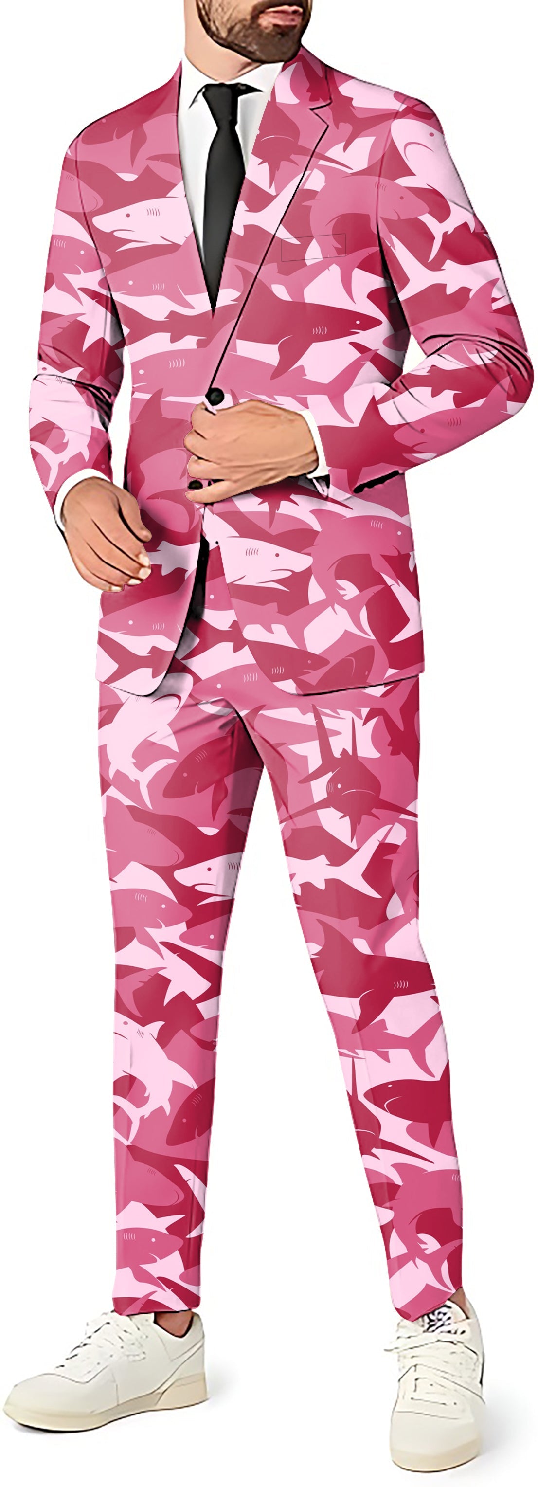 Men's pink camouflage themed blazer, pants, and vest party suit set