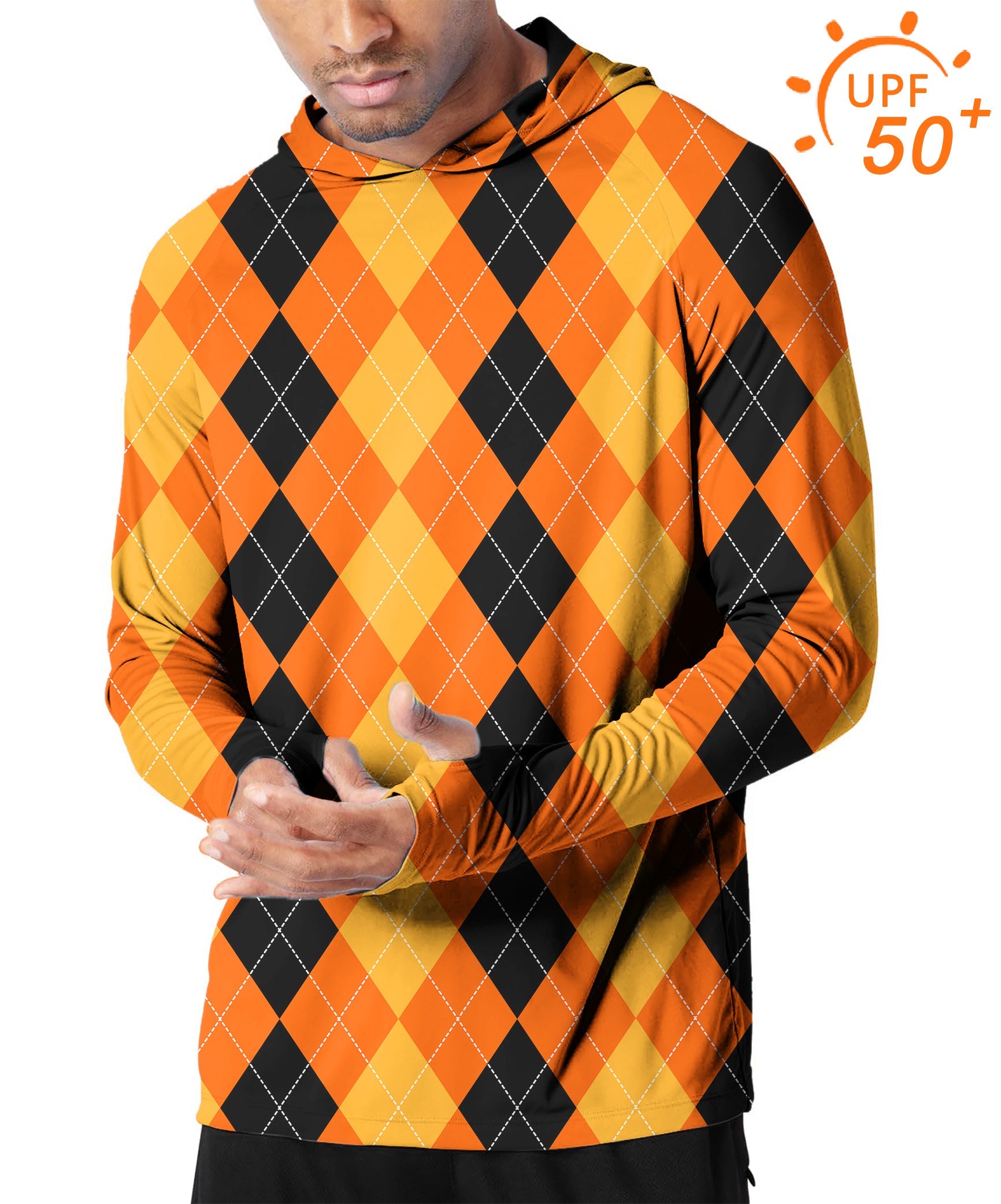 Men's Halloween argyle golf hoodie in black, yellow, and orange with UPF 50+ sun protection and slim fit design.