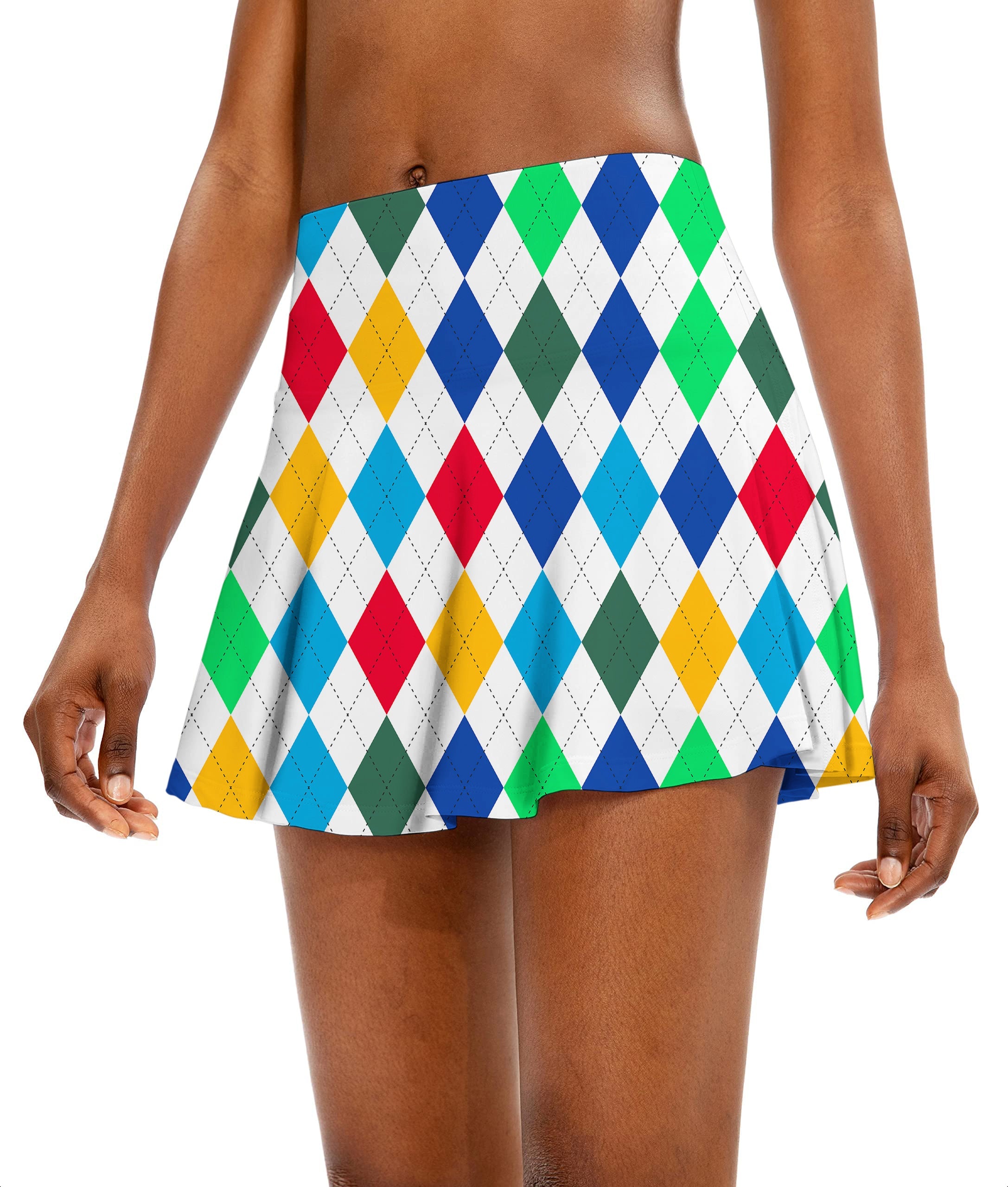 Colorful women's athletic golf skort with argyle flared design