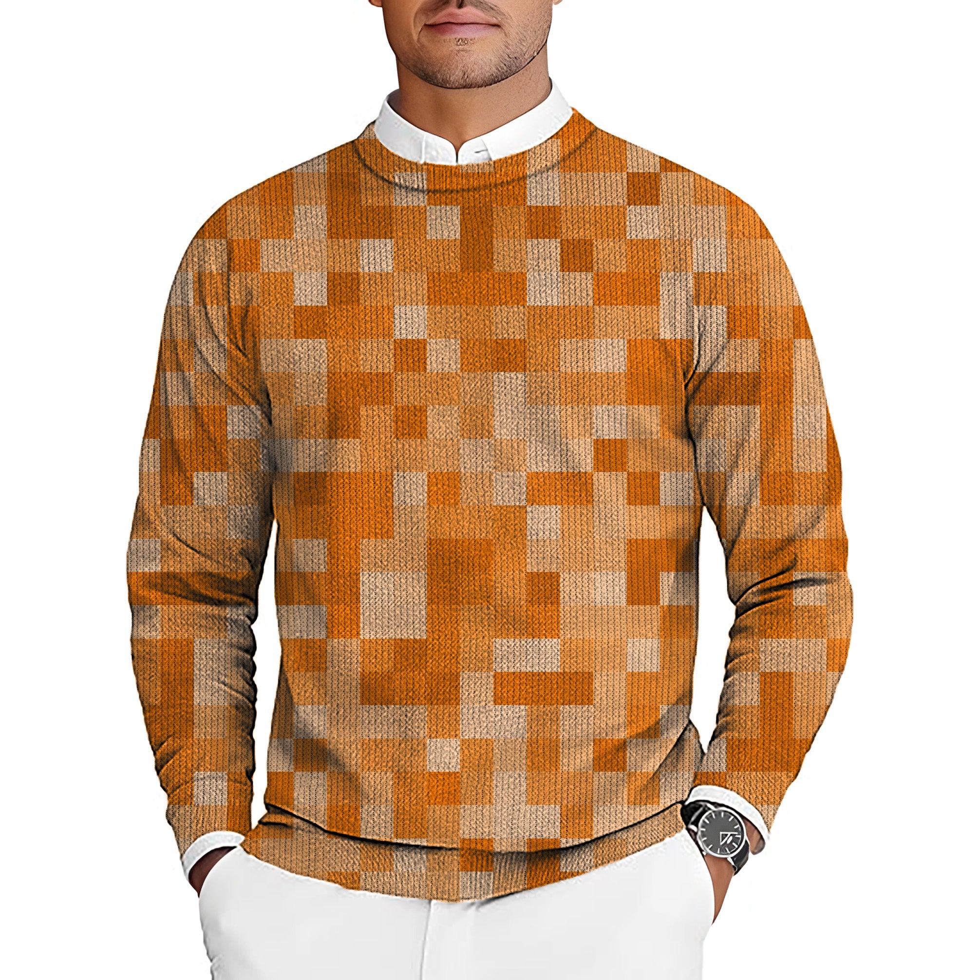 Orange pixel pattern men's golf crewneck pullover sweater for winter golf tournaments