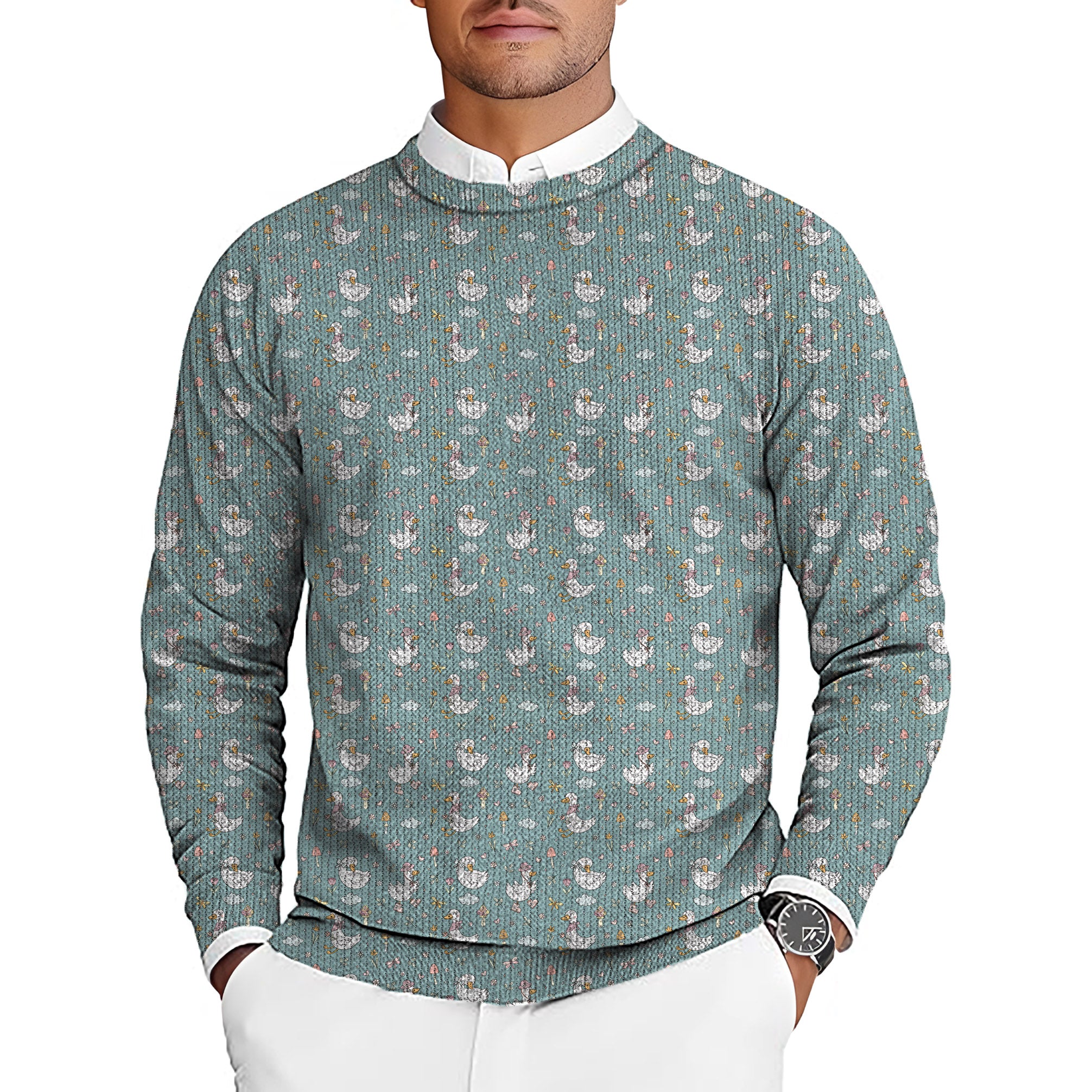 Cute Duck Floral Men's Golf Crewneck Pullover Sweaters Ugly Sweater