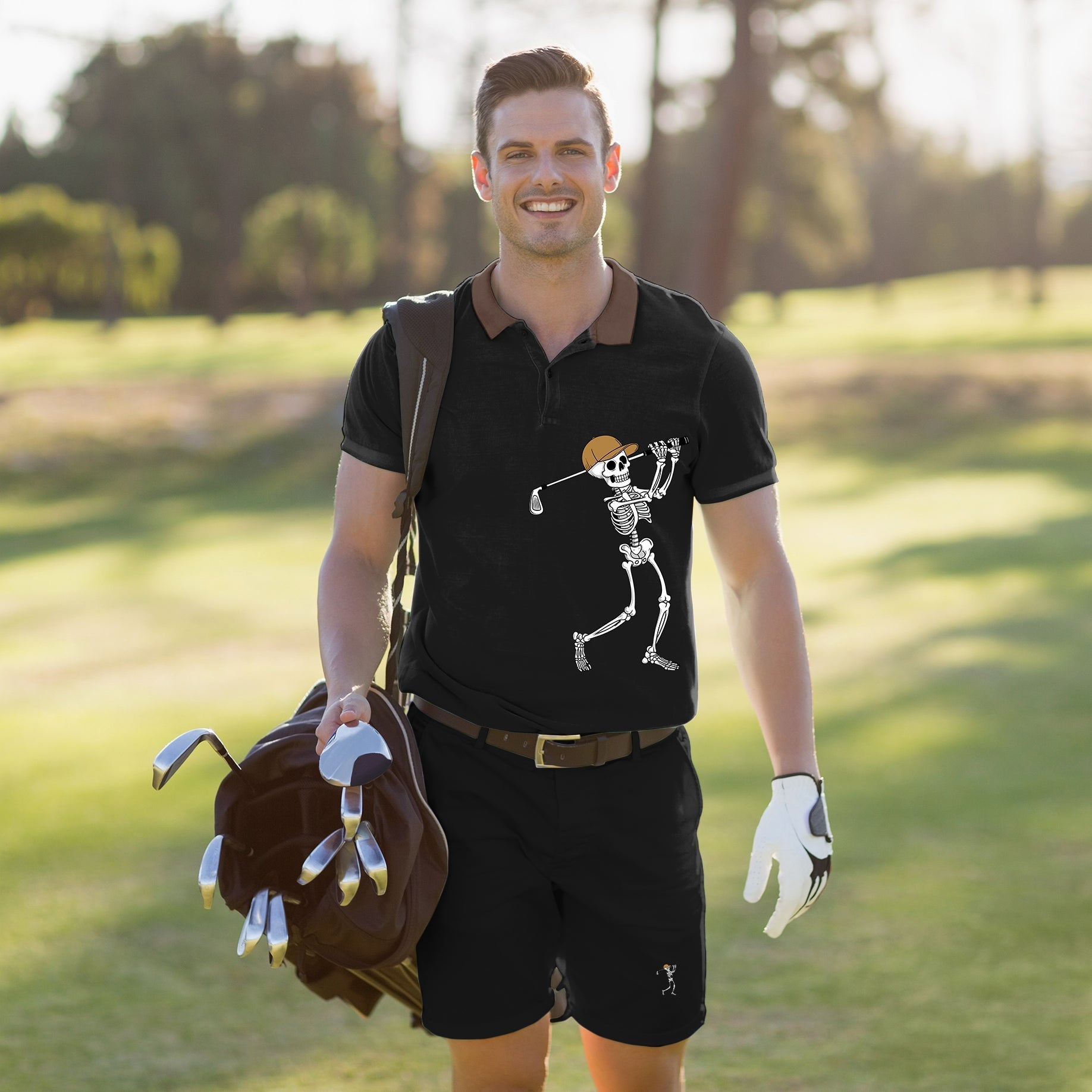 Men's golf set with black polo featuring skeleton golf design and matching shorts, moisture-wicking and stretchy fabric for comfort and style