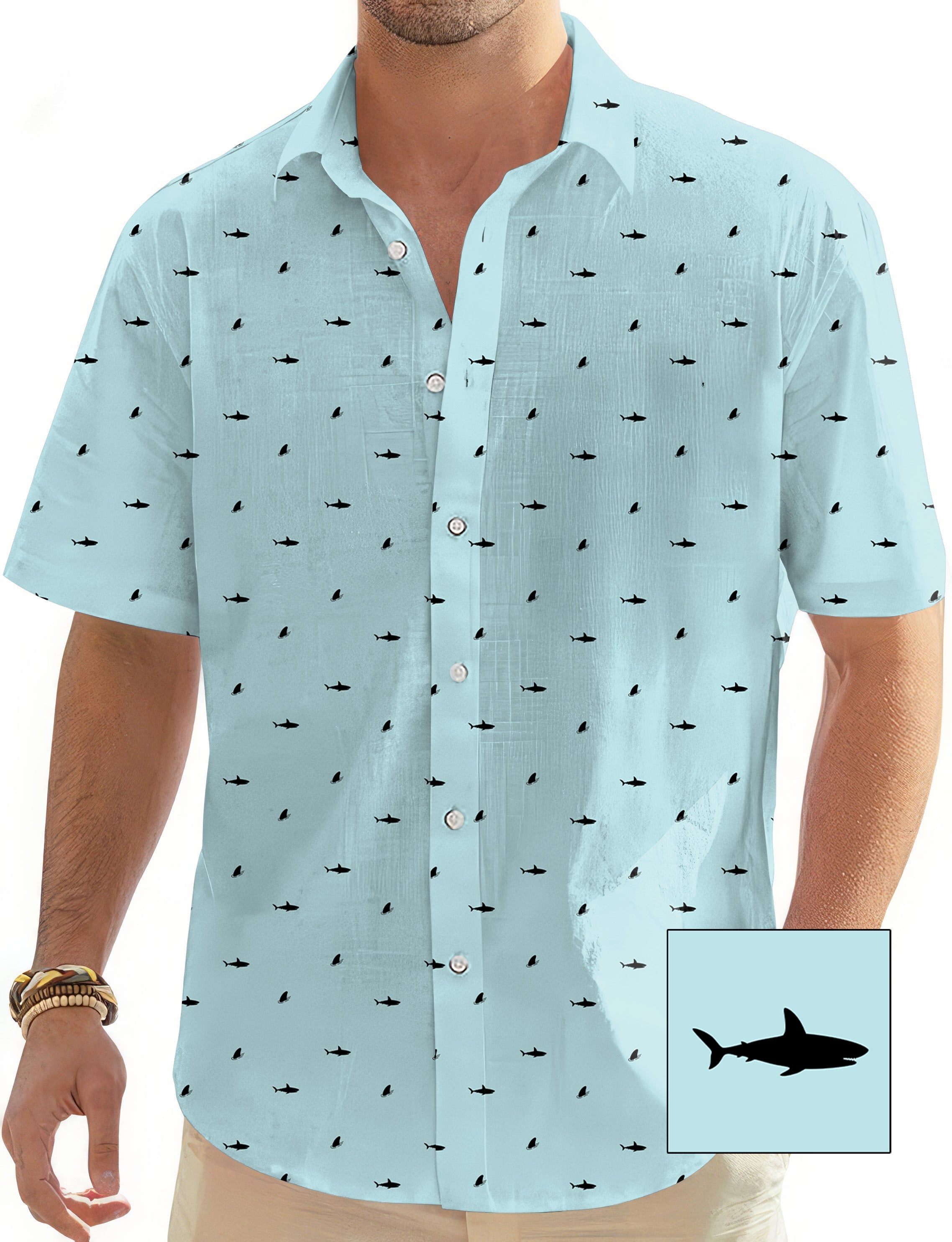 Men's light blue button-down Hawaiian shirt with black shark and fin pattern