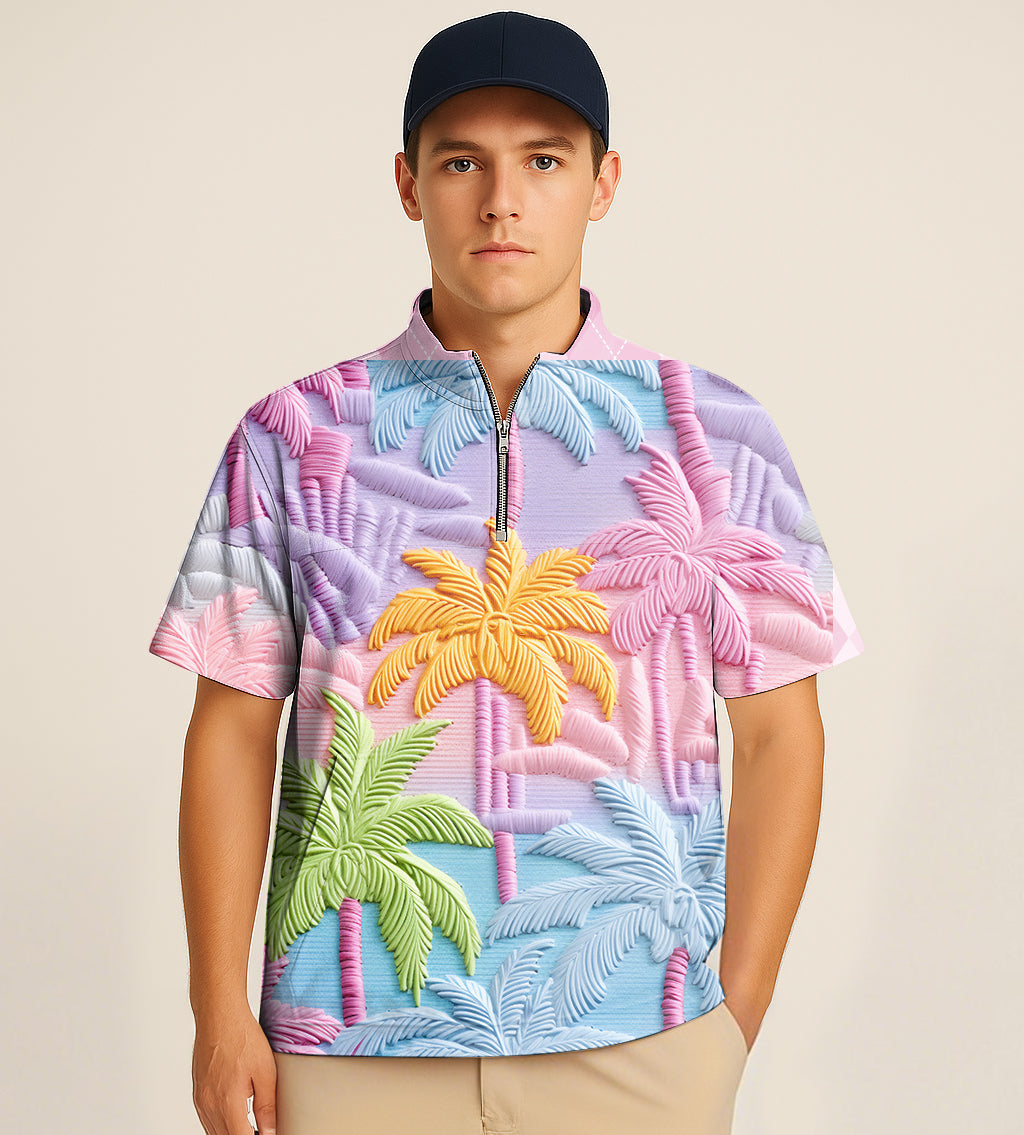 Half zipper turtleneck golf shirt with colorful 3D coconut tree embroidery and short sleeves