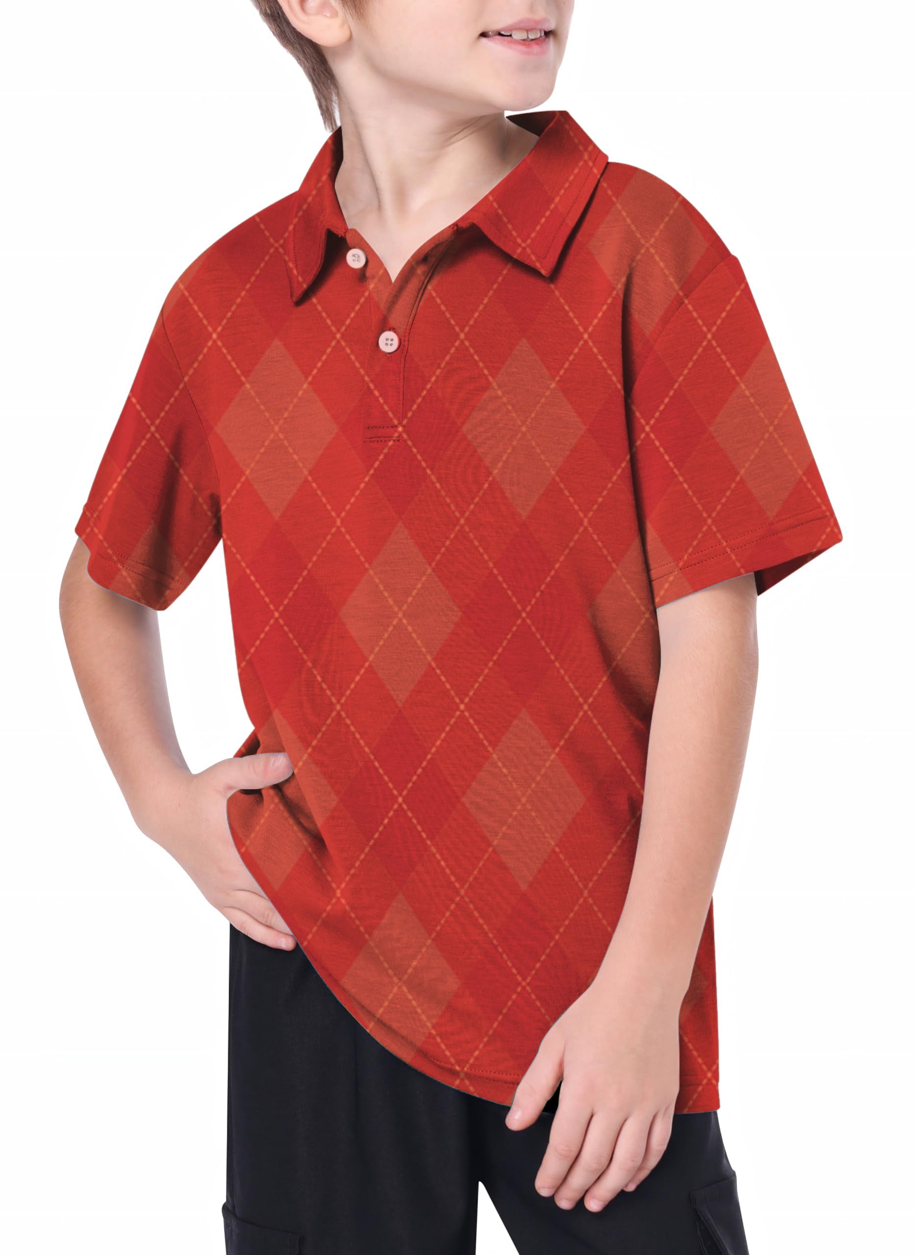 Youth women's outdoor red Argyle golf polo with 4-way stretch and UPF 40+ protection
