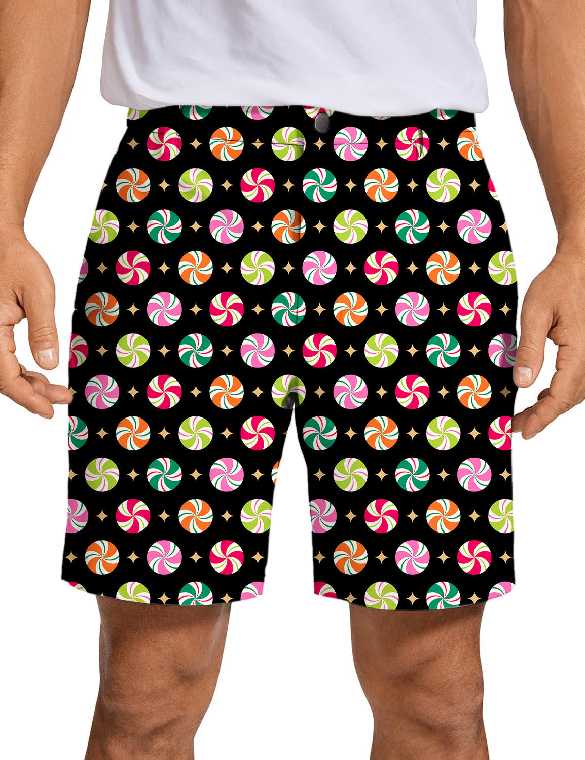 Men's Christmas Candy golf shorts with colorful peppermint swirl pattern on black background, quick-dry and lightweight fabric.