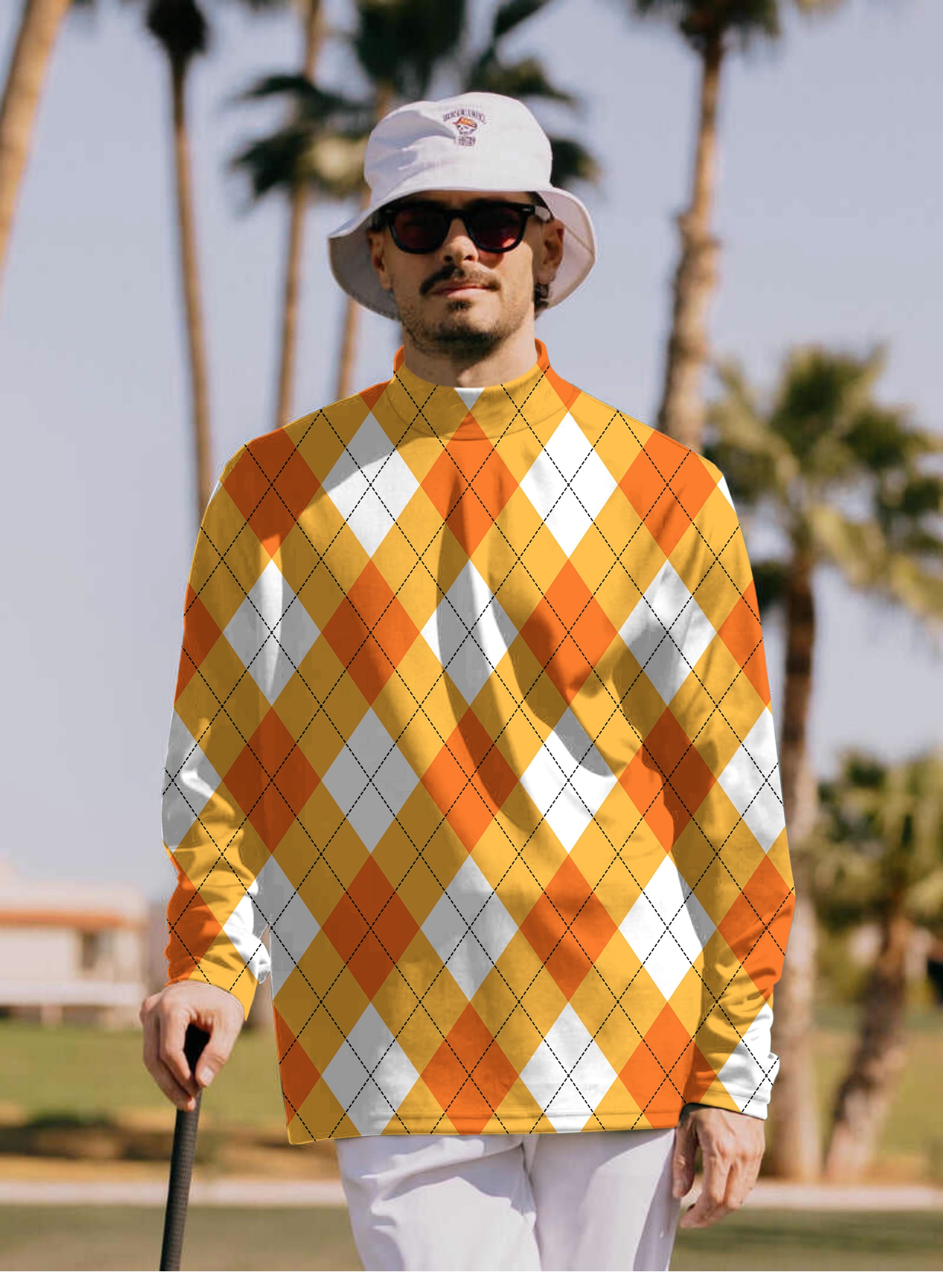 Men's Halloween Cross orange white argyle pullover with high neck long sleeve T-shirt