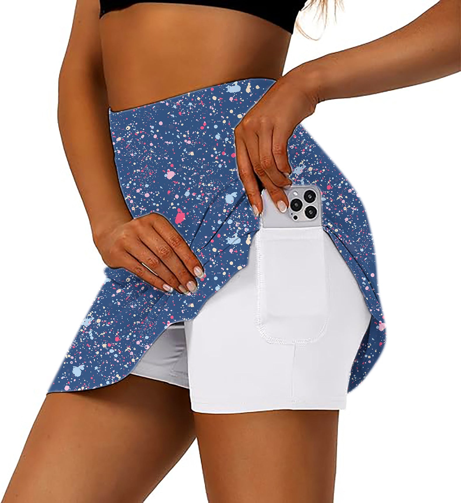 Navy Blue Ink Dots women's athletic golf skort with phone pocket and flared skirt design