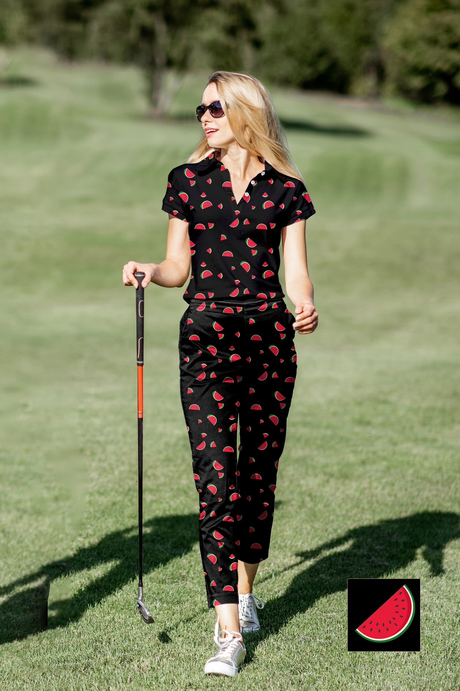 Women's golf polo and pants set with watermelon pattern, four-way stretch, moisture-wicking fabric, UPF 40+ protection, and wrinkle resistance