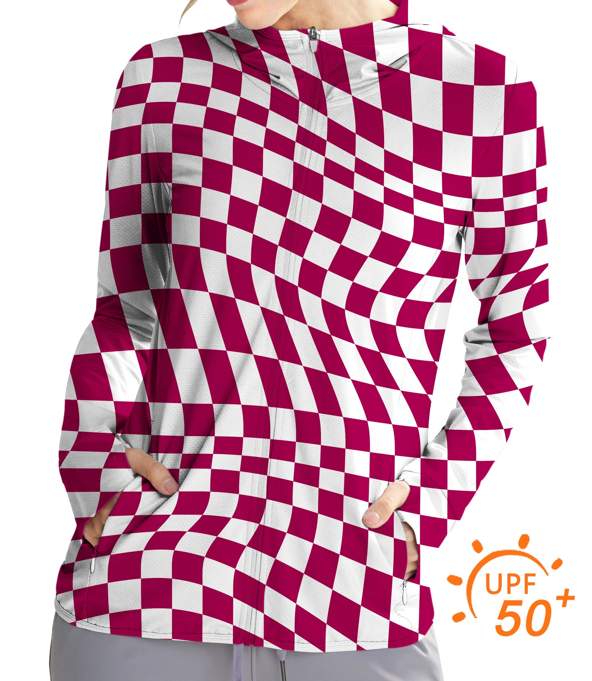 Women's outdoor slim fit zip hoodie with distorted space checkered pattern, sun protection UPF 50+, breathable and quick-dry fabric for golf and outdoor activities