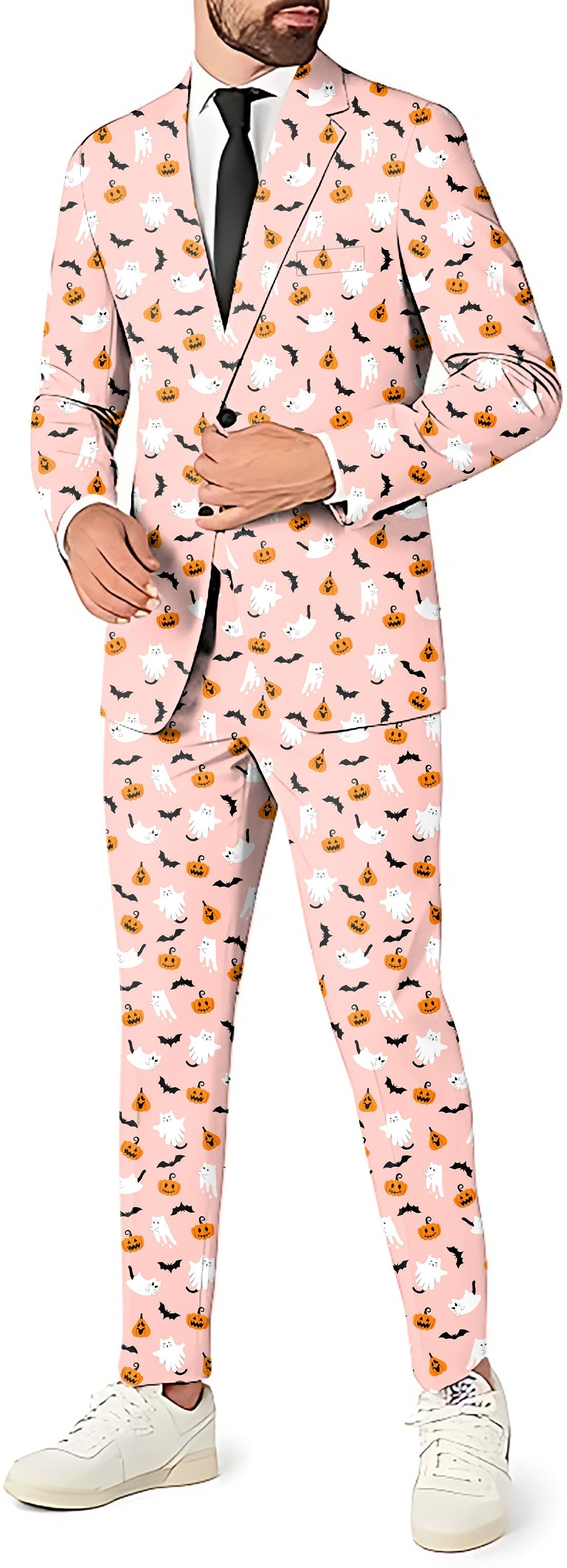 Men's Halloween Kawaii Ghost pumpkin themed pink blazer and pants suit set
