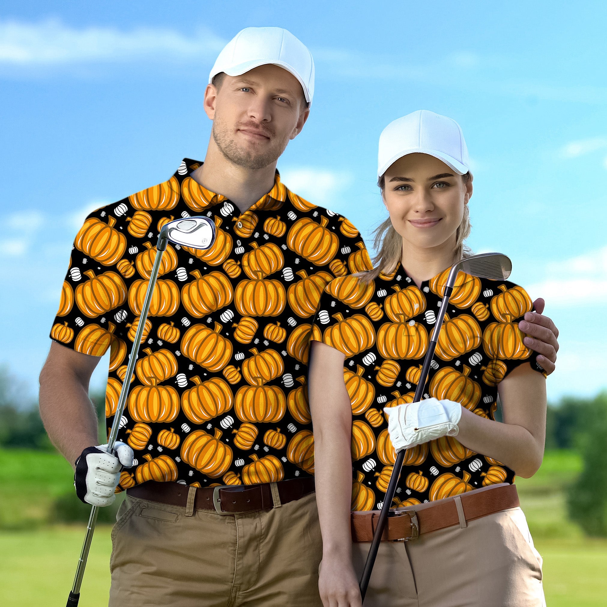 Couple wearing matching Halloween pumpkin golf shirts at tournament