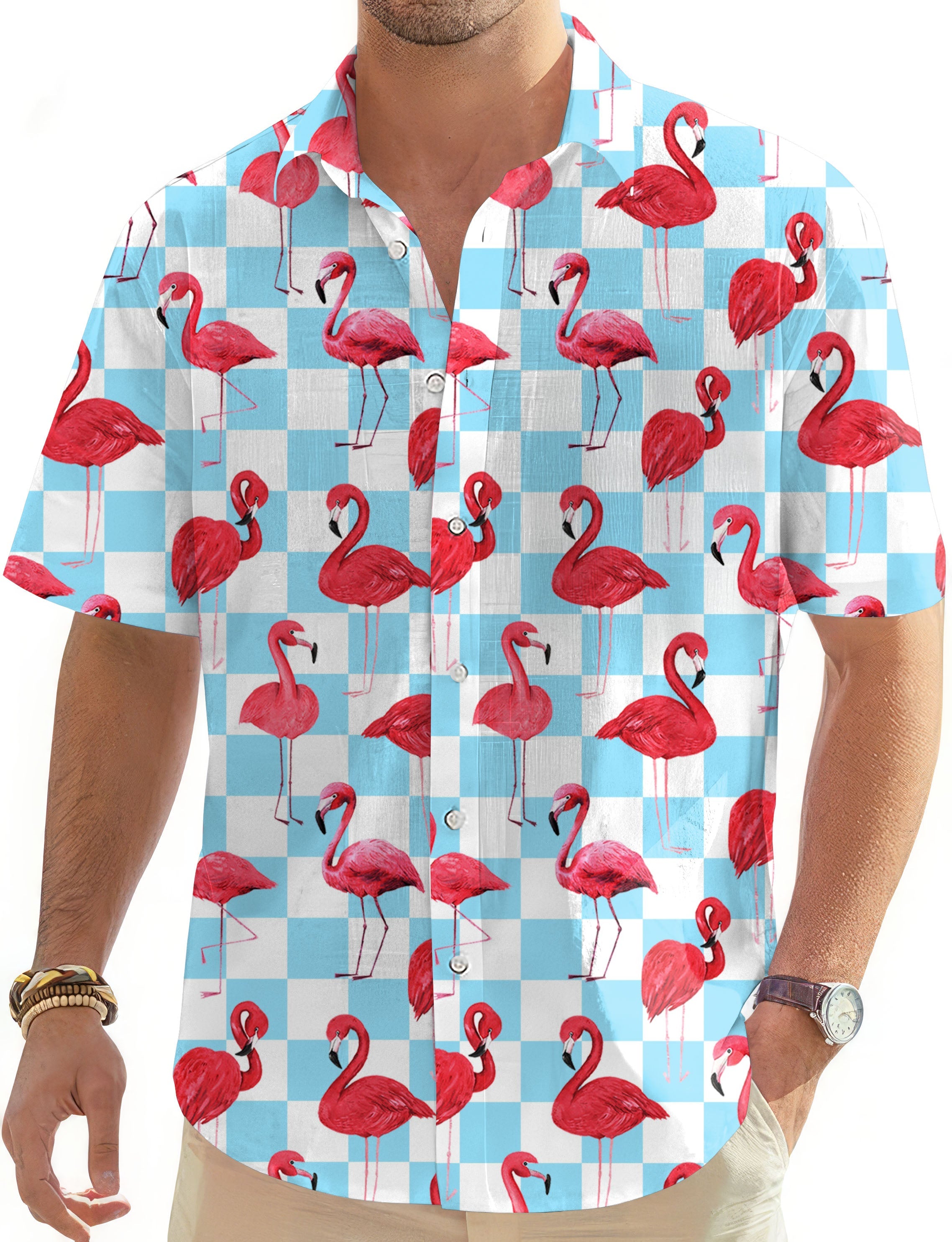Men's Flamingo golf shirt with button-down front and blue checkered pattern