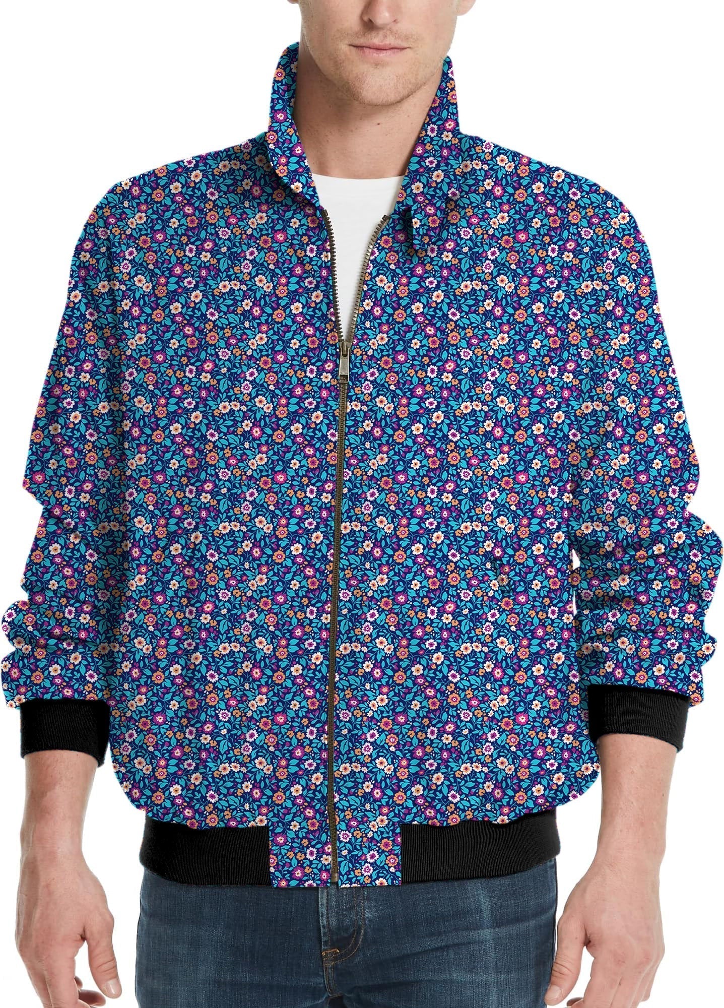 Dark Floral Men's Golf Windbreaker light jacket with vibrant floral pattern and black cuffs