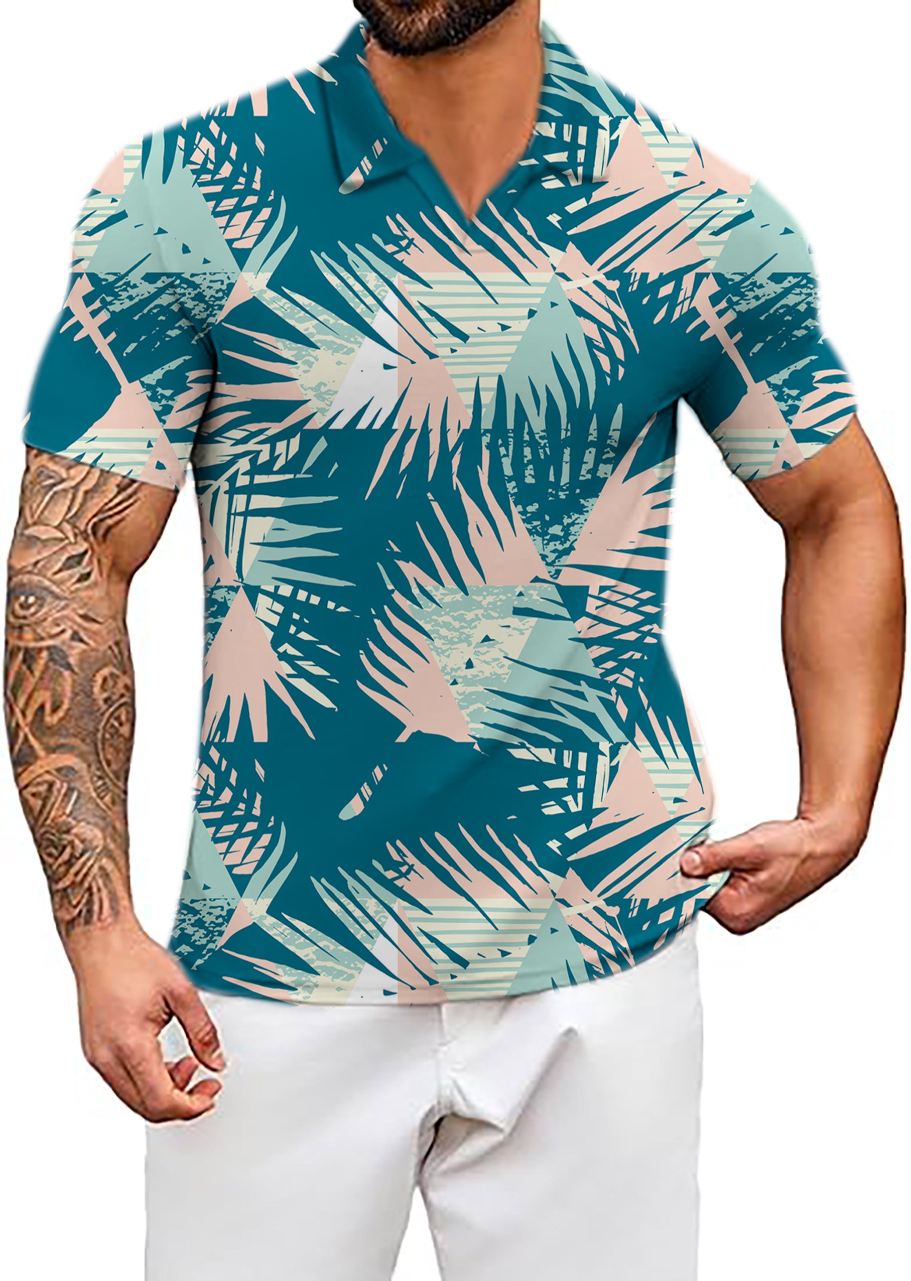 Men's Pastel Jungle V Neck Golf Polo Shirts