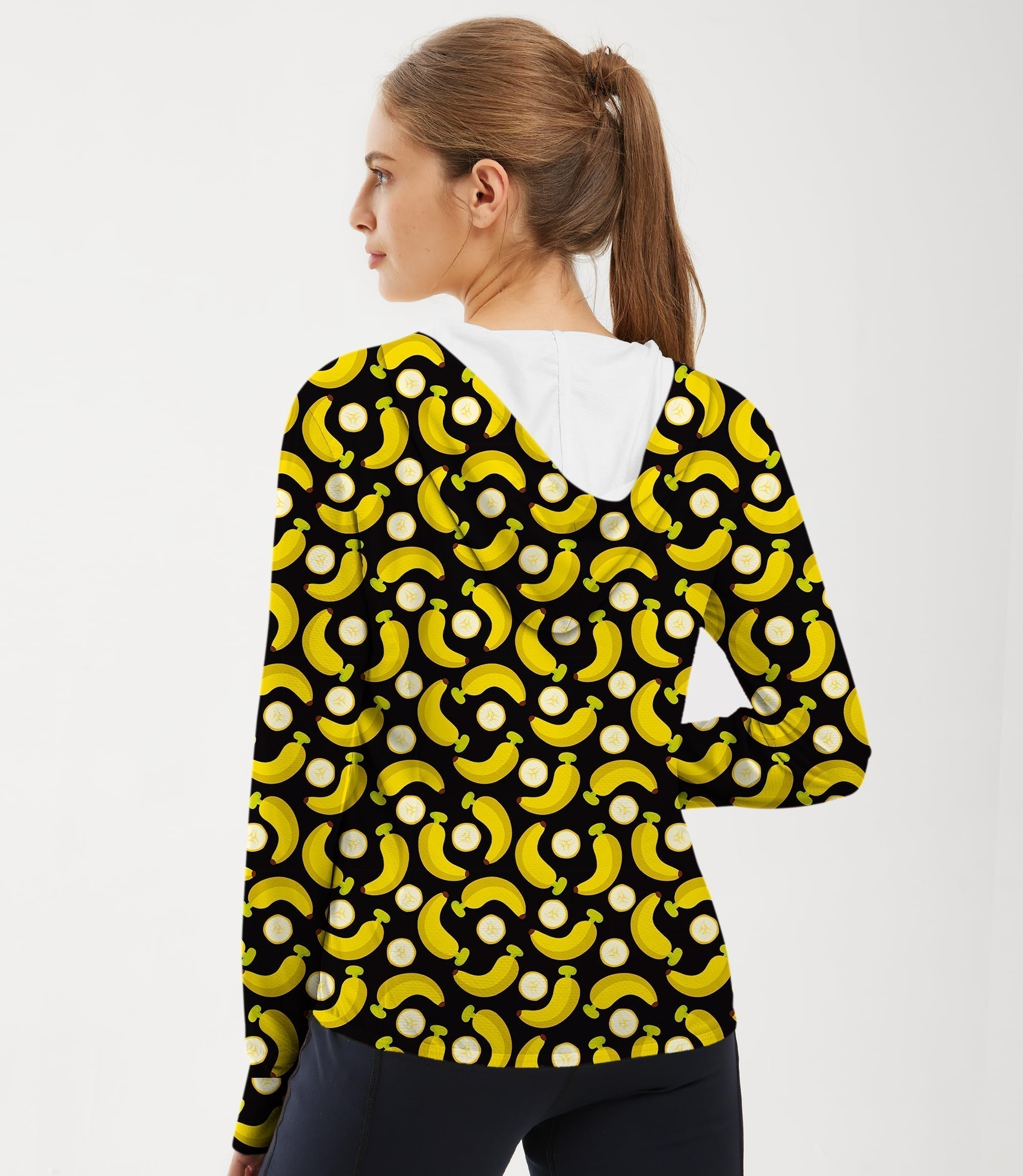 Women's slim fit zip hoodie with Halloween banana and banana peel pattern for outdoor sun protection and golf activities