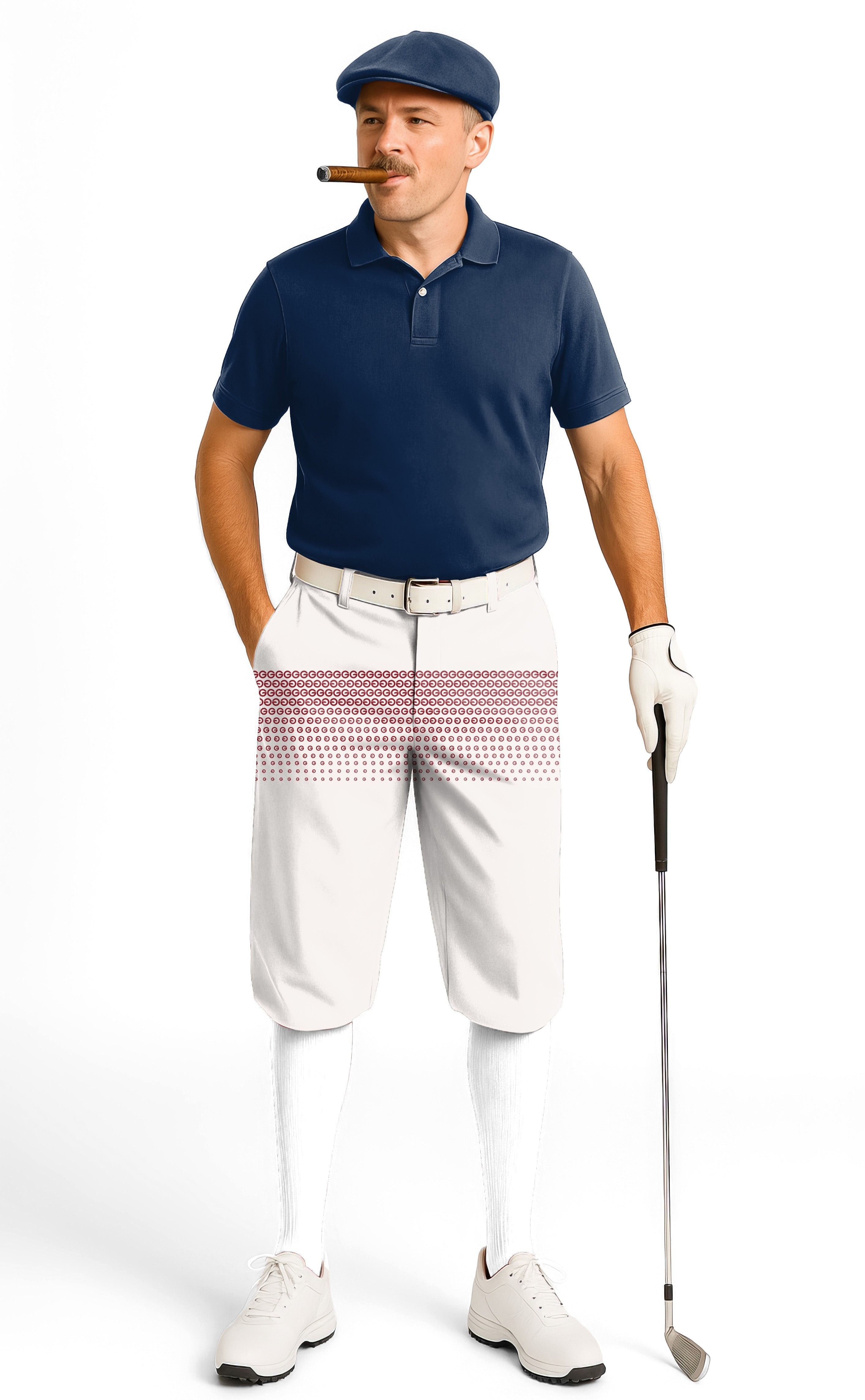 Man wearing Red G Men's Golf Knickers with ankle cuffs and golf glove holding a club