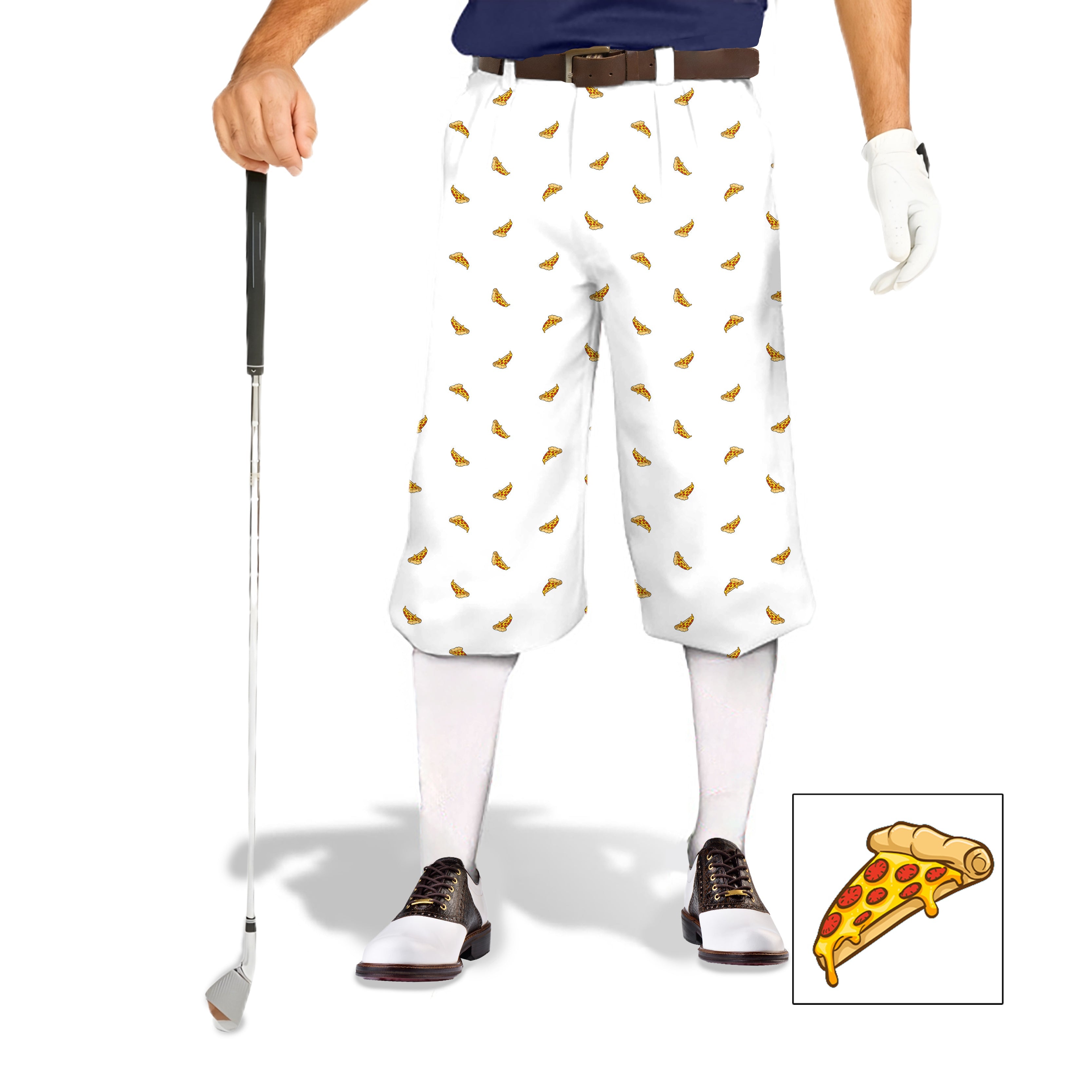 Men's white pizza custom golf knickers with snug ankle cuffs and breathable performance fabric