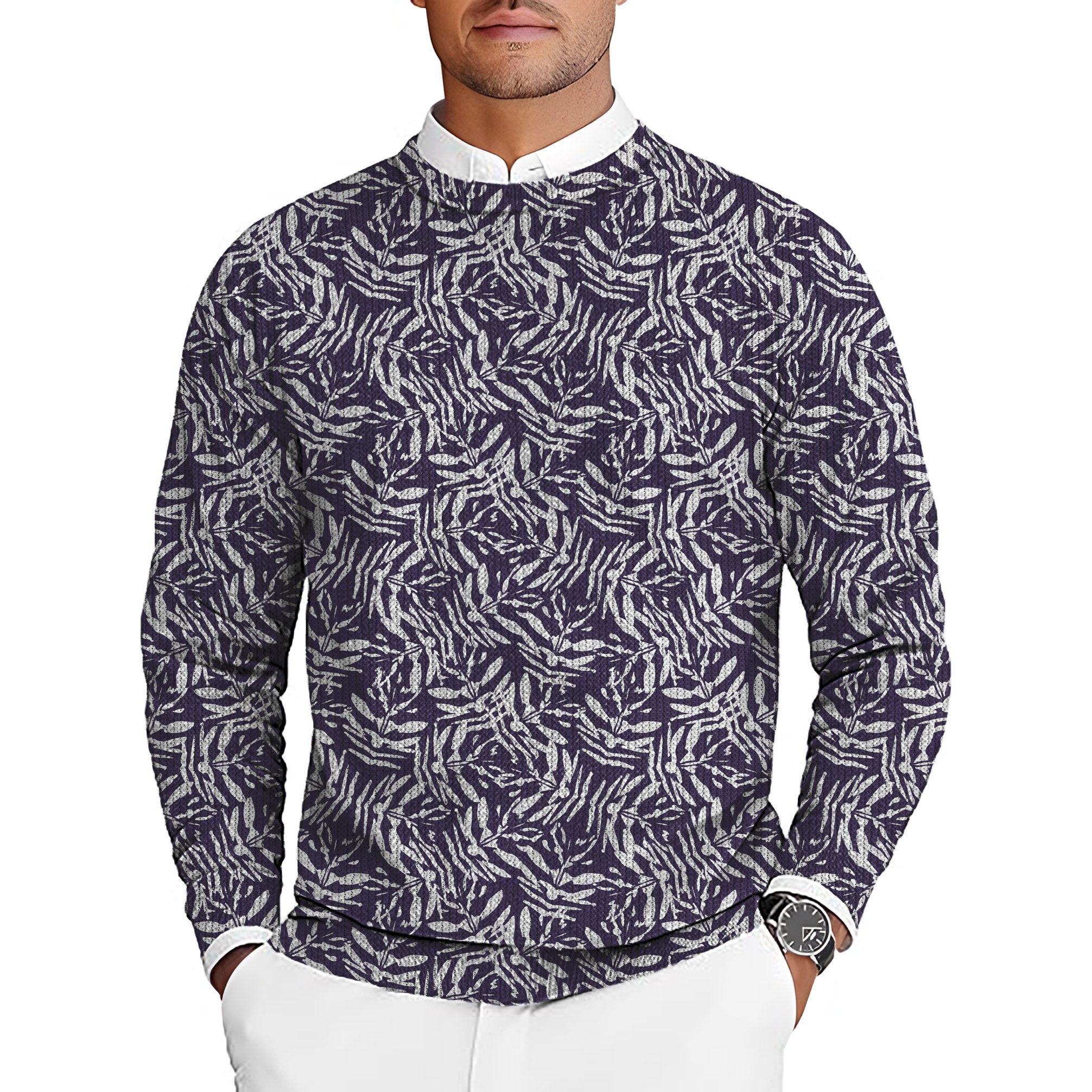 abstract navy men's golf crewneck pullover sweater with leaf pattern