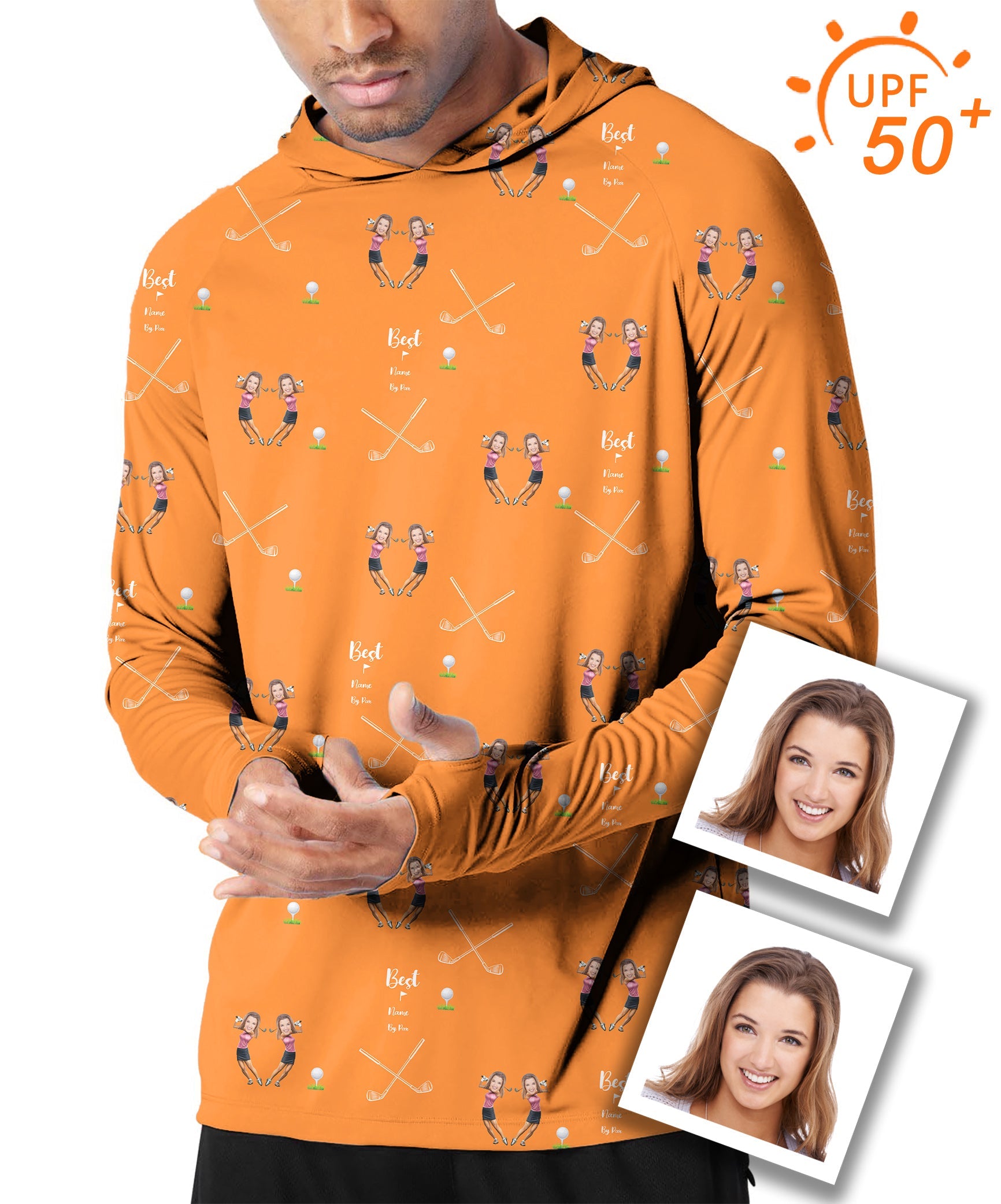 Men's outdoor custom sister photo face and name sun protection slim fit golf hoodie with UPF 50+ protection
