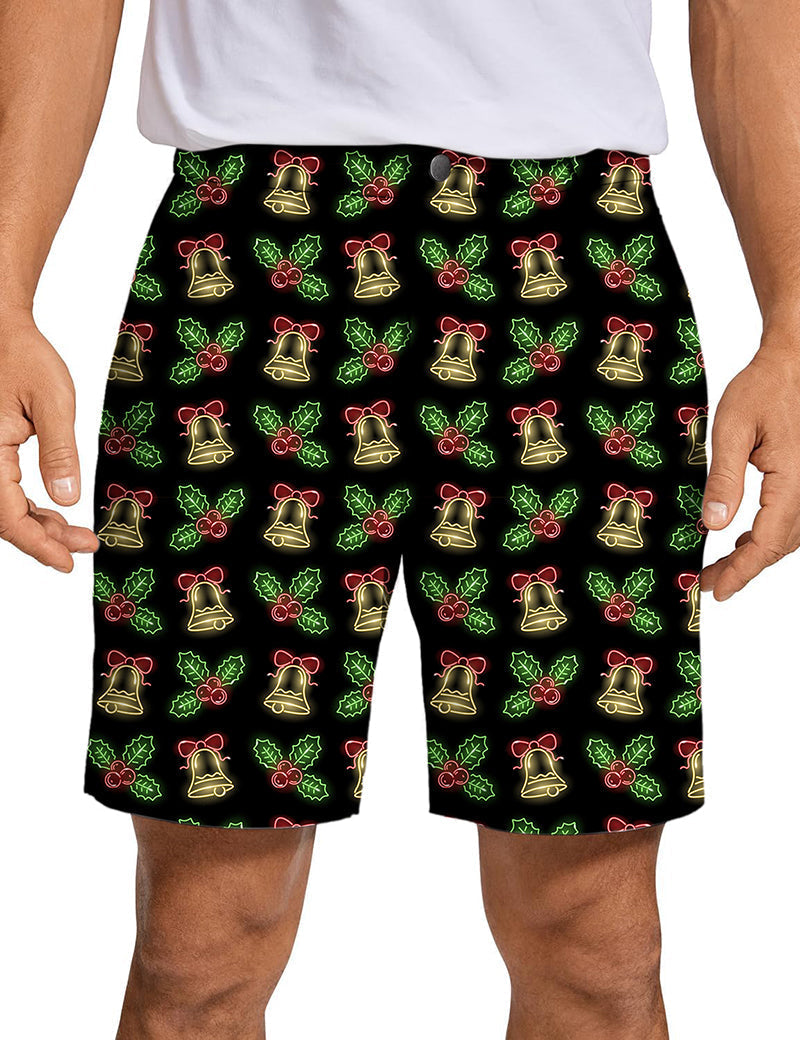 Men's Christmas neon lights golf shorts with festive bell and holly pattern in advanced performance fabric