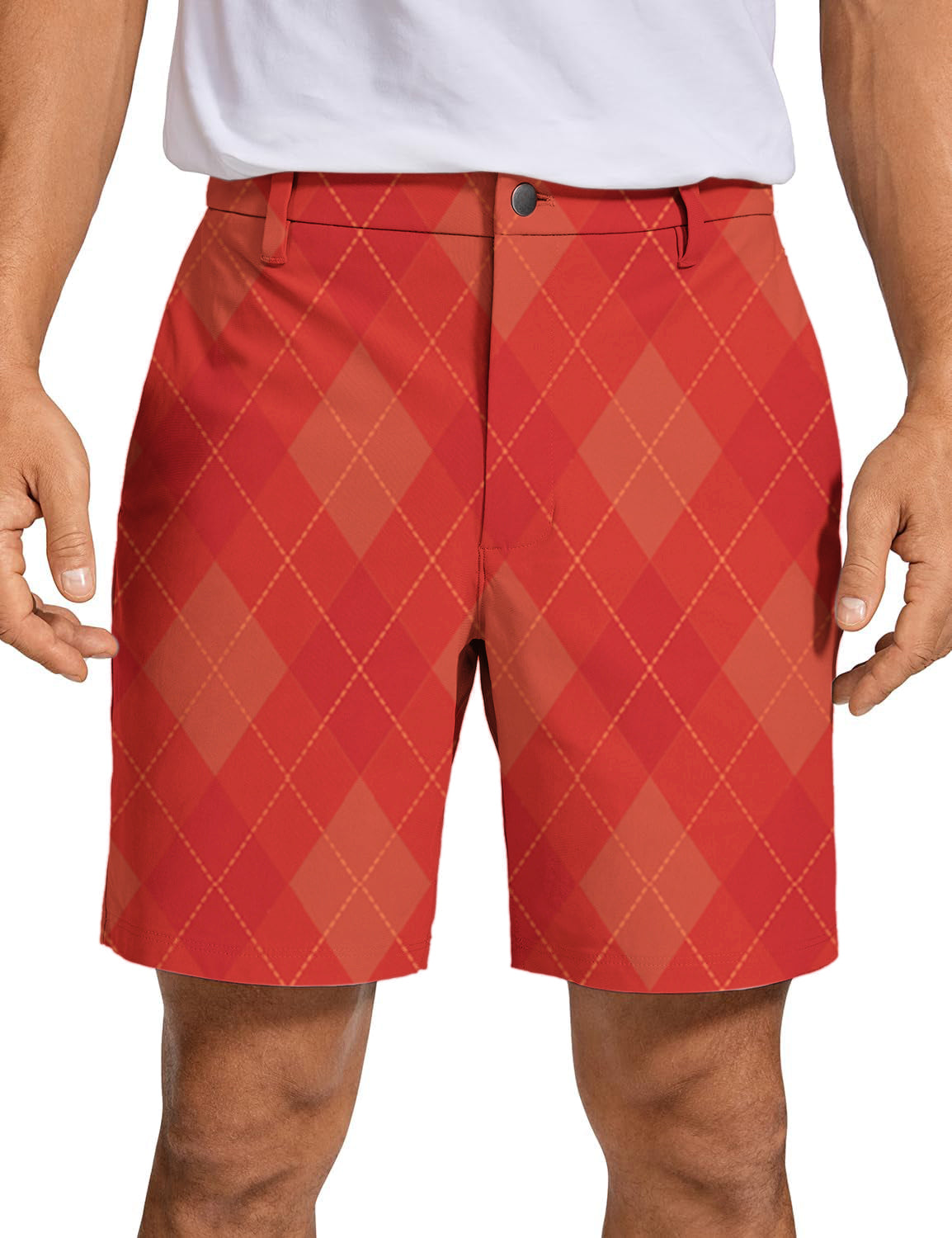 Men's red argyle golf shorts with quick dry, two-way stretch, and wrinkle-free fabric for versatile performance and style
