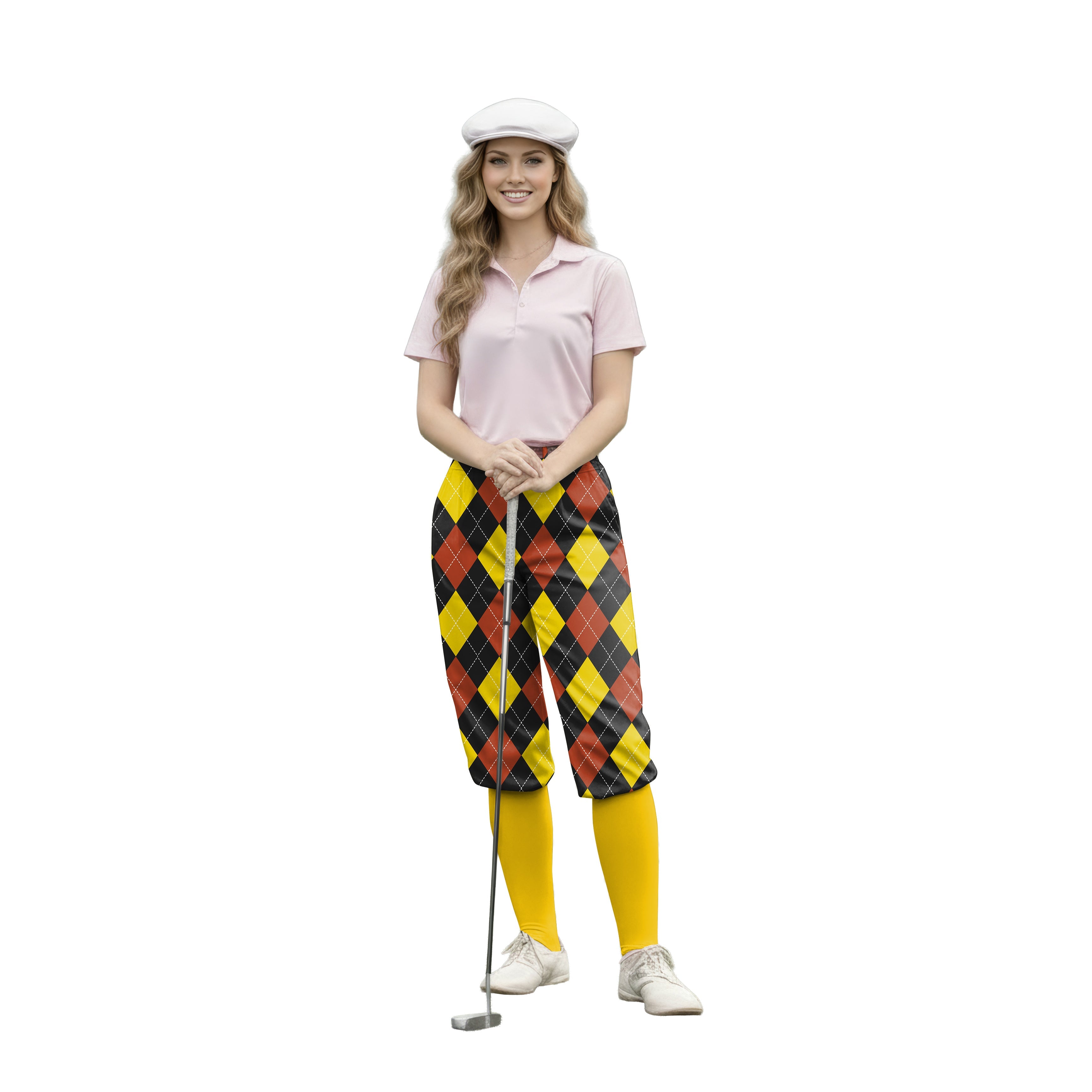 woman wearing red argyle womens golf knickers pants with yellow socks and pink polo shirt holding golf club