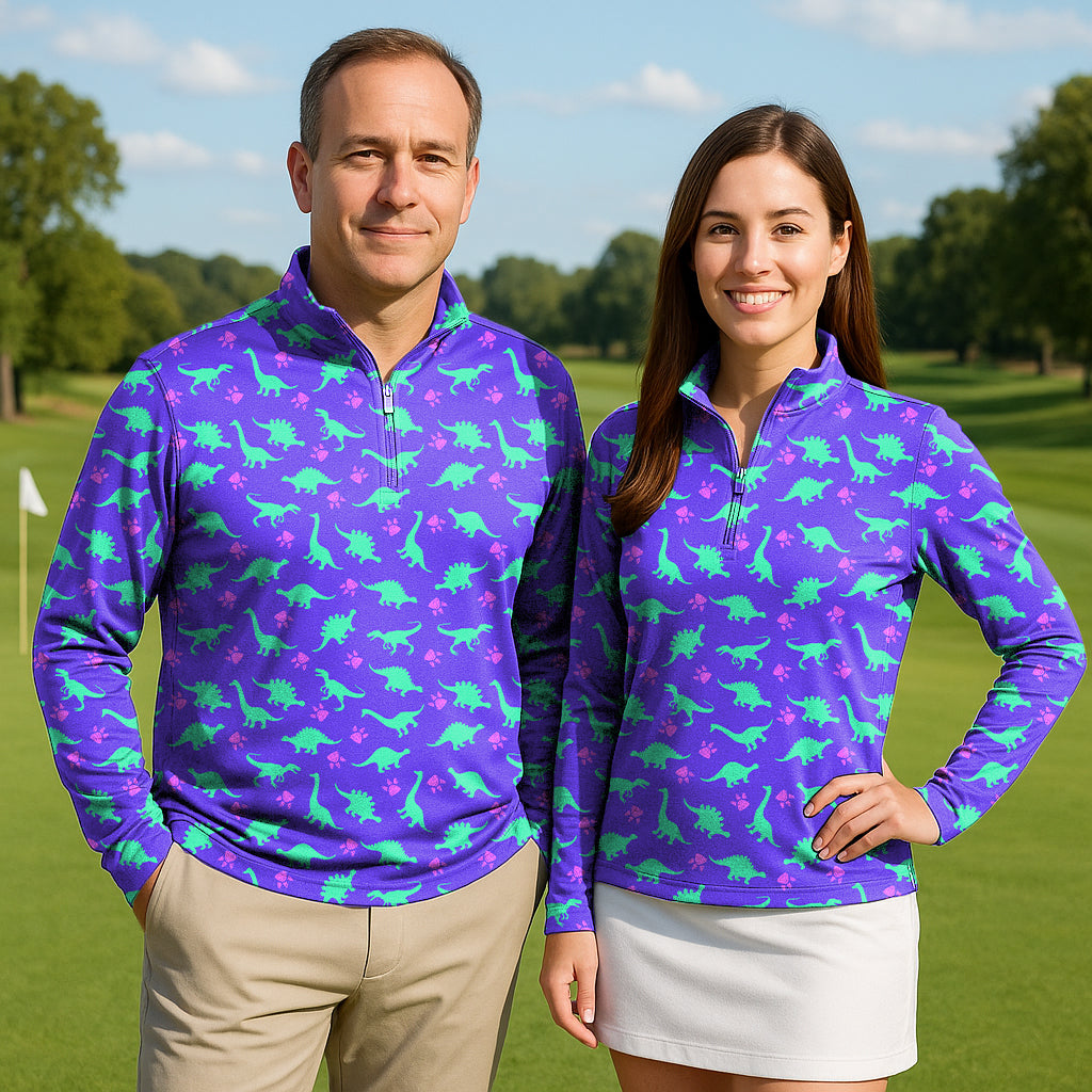 Land Before Time couple golf active 3/4 zip top in purple with green dinosaur print, mock collar, lightweight sun-safe fabric for outdoor activities
