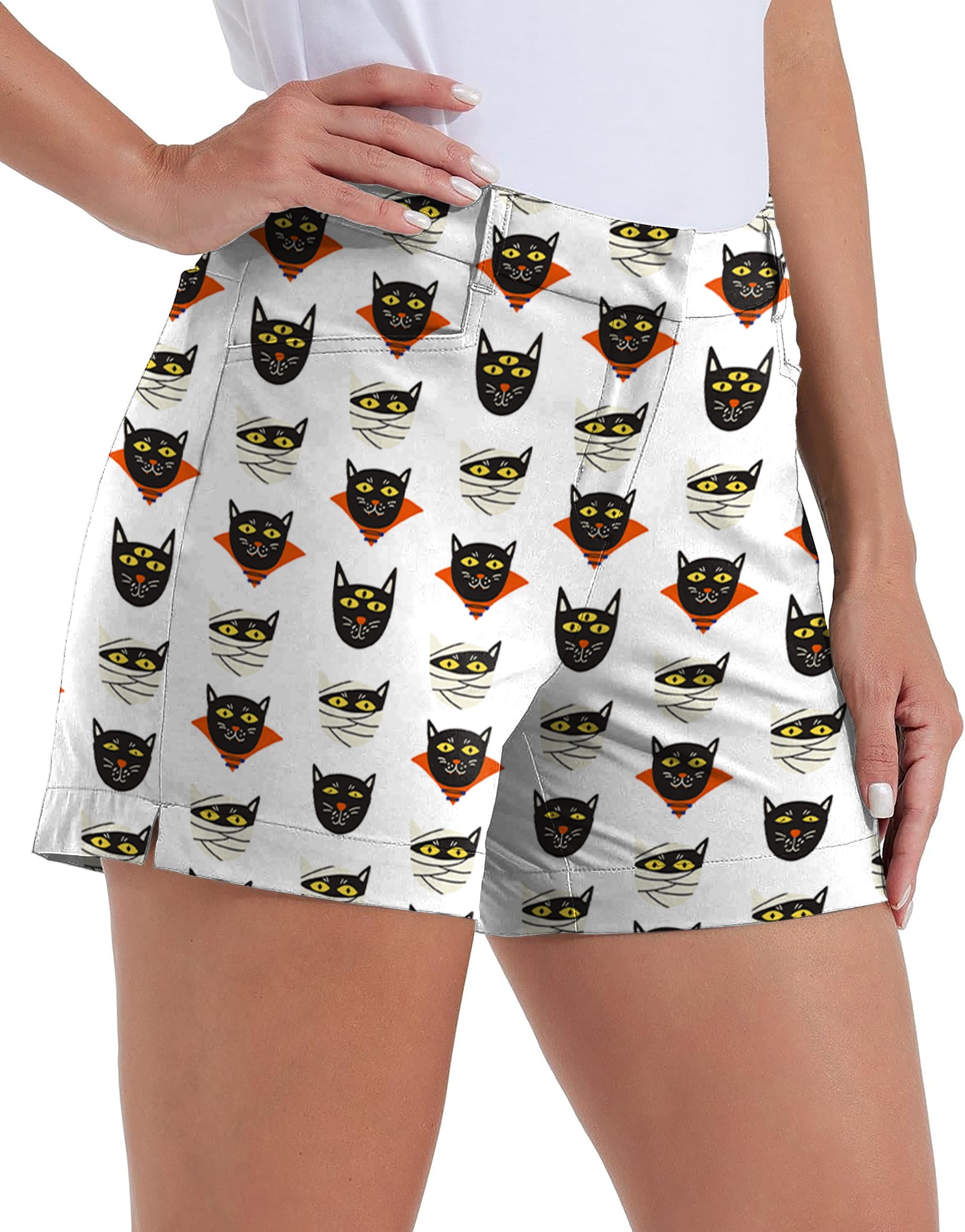 Women's quick-drying golf shorts with Halloween mummy cat pattern and pockets