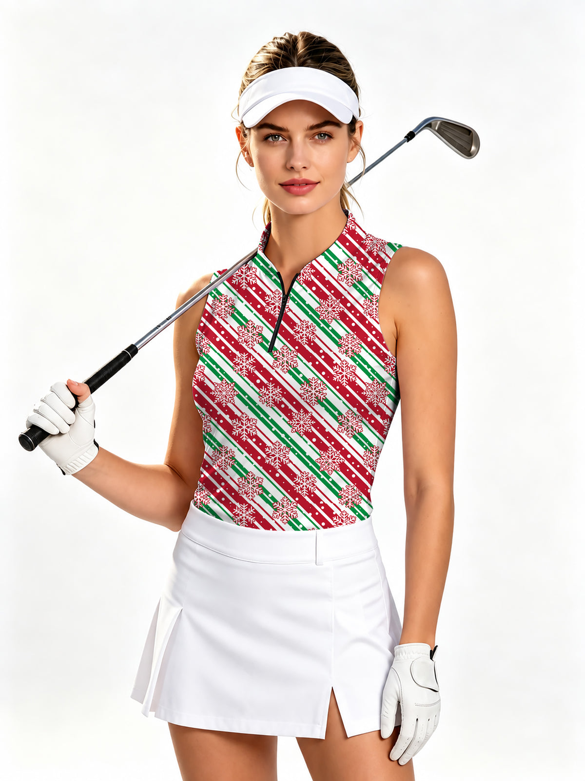 Christmas Snowflake Women's Quarter Zip Mock Neck Sleeveless Golf Athletic Blouse