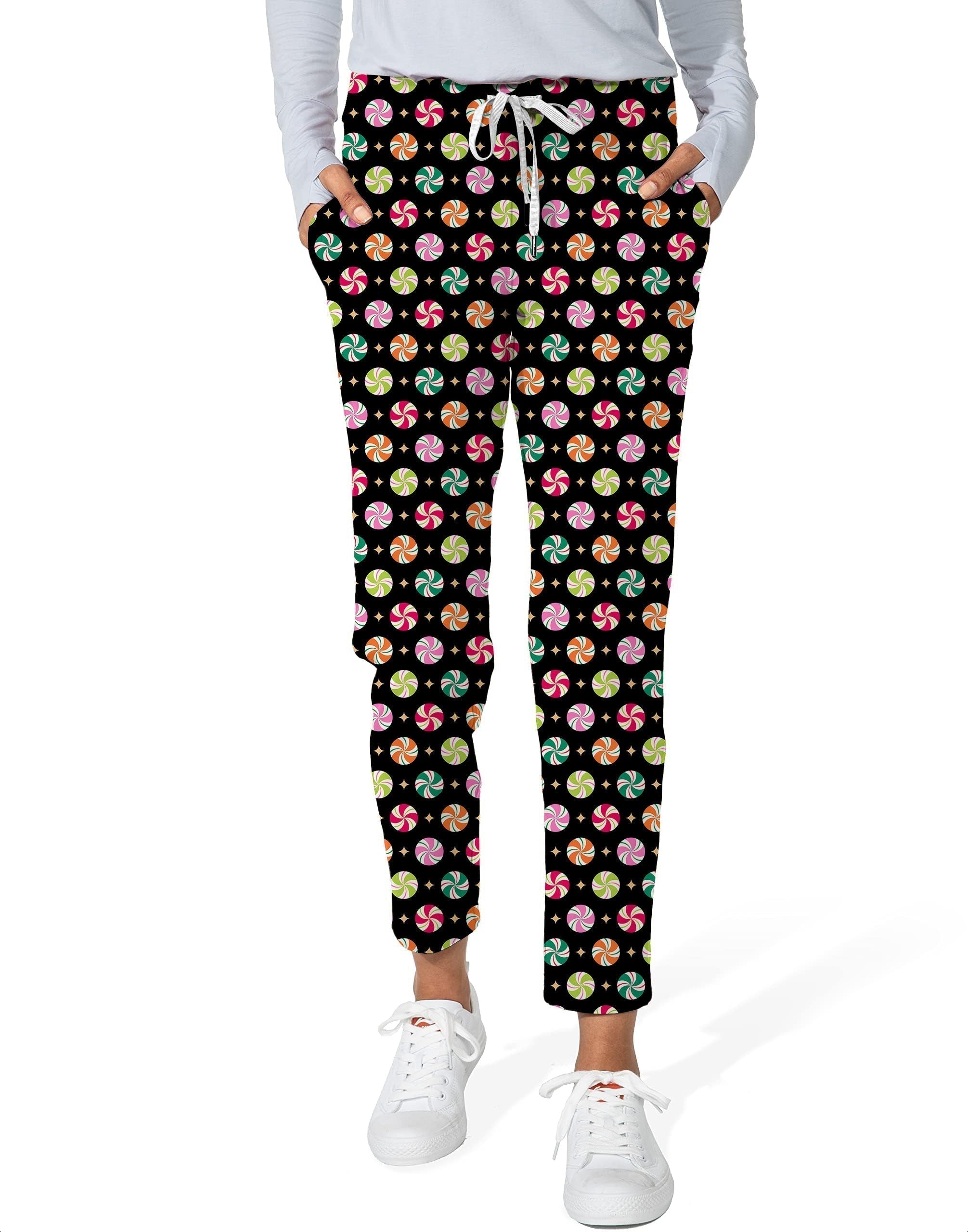 Women's Christmas Candy print 7/8 stretch ankle golf pants with elastic waistband and side pockets