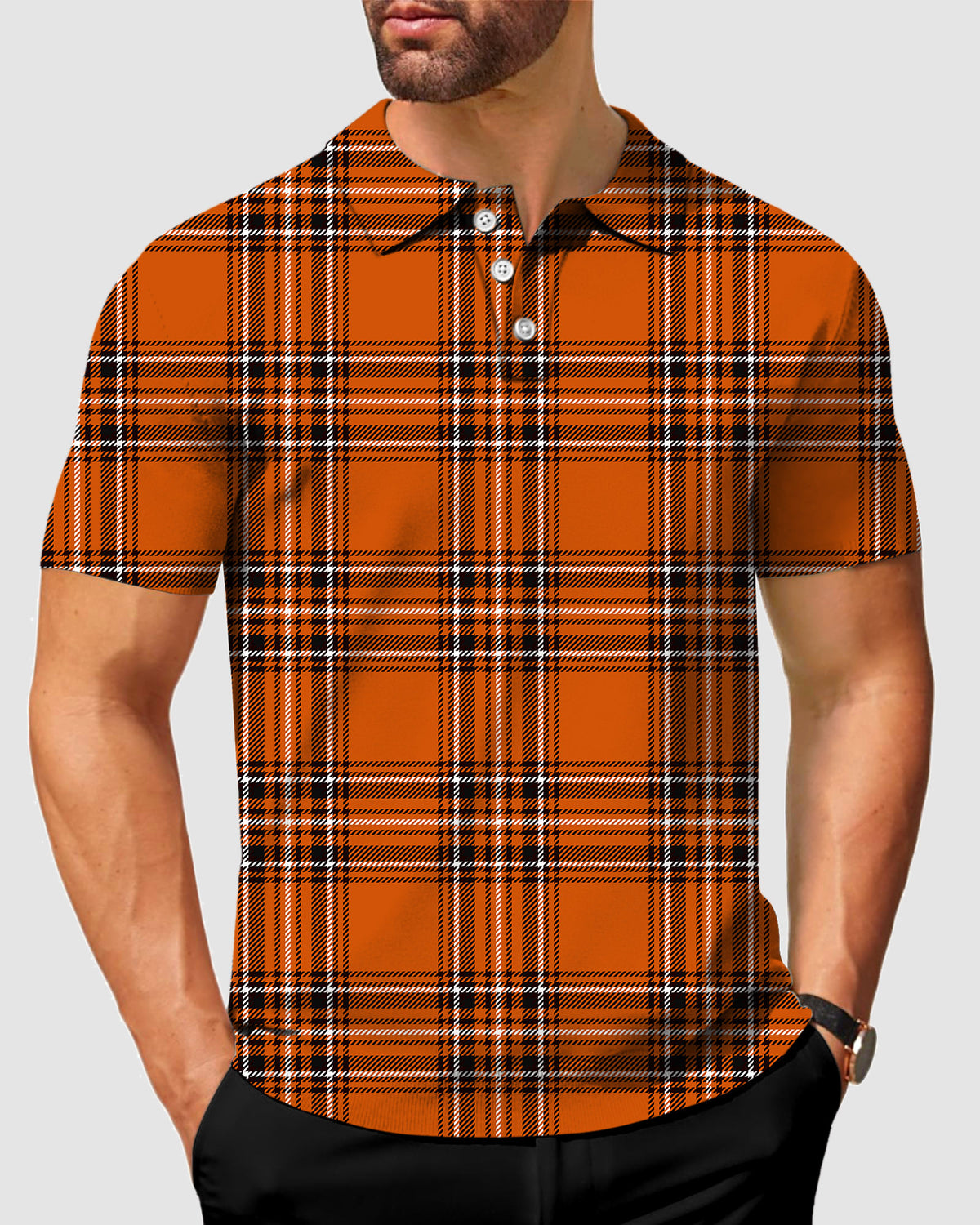 Men's Halloween yellow white black grid Polo