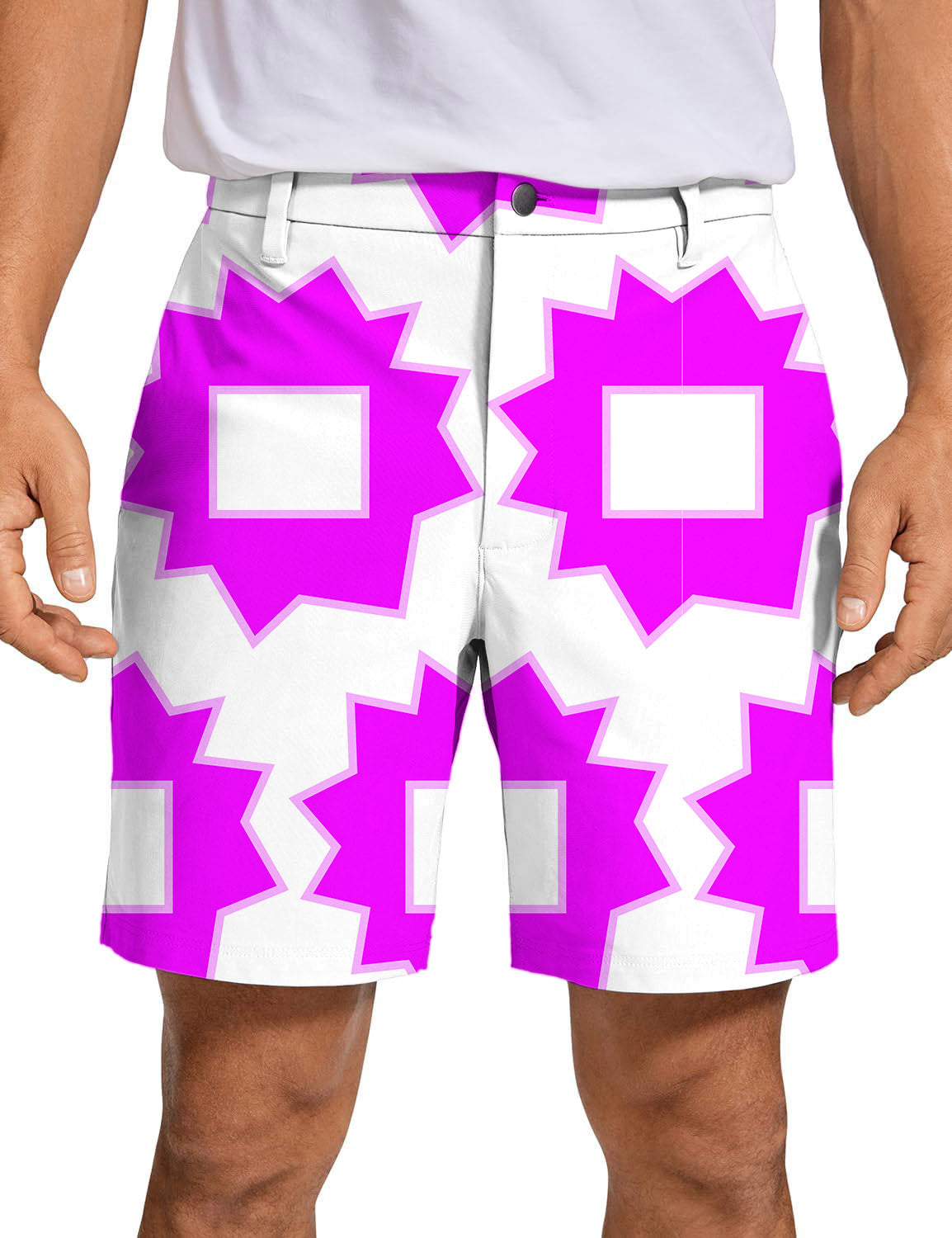 Men's Explosion Geometry limited edition golf shorts with bright pink geometric pattern and advanced performance fabric