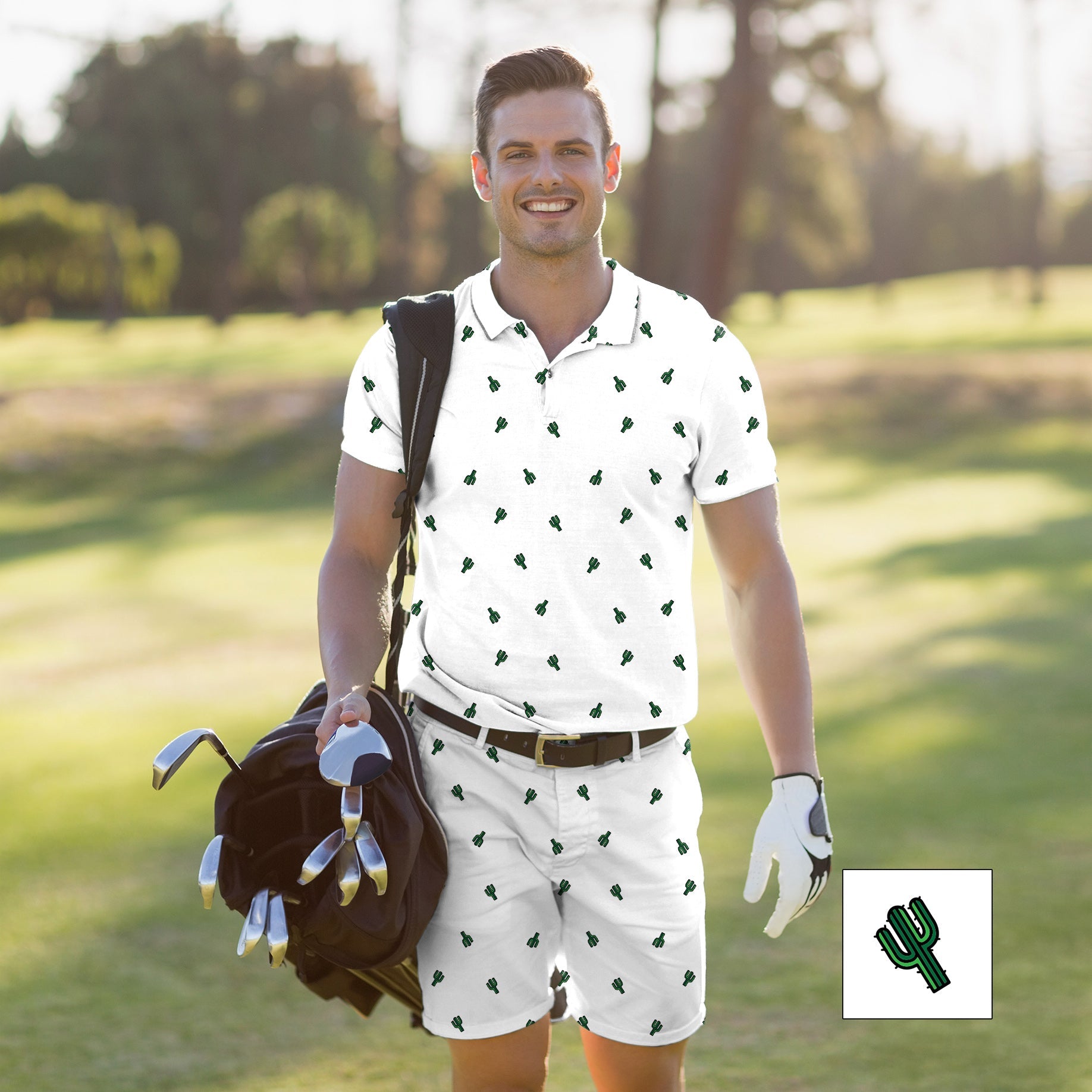 Men's Golf Set Polo+Shorts Cactus Custom The Background Color