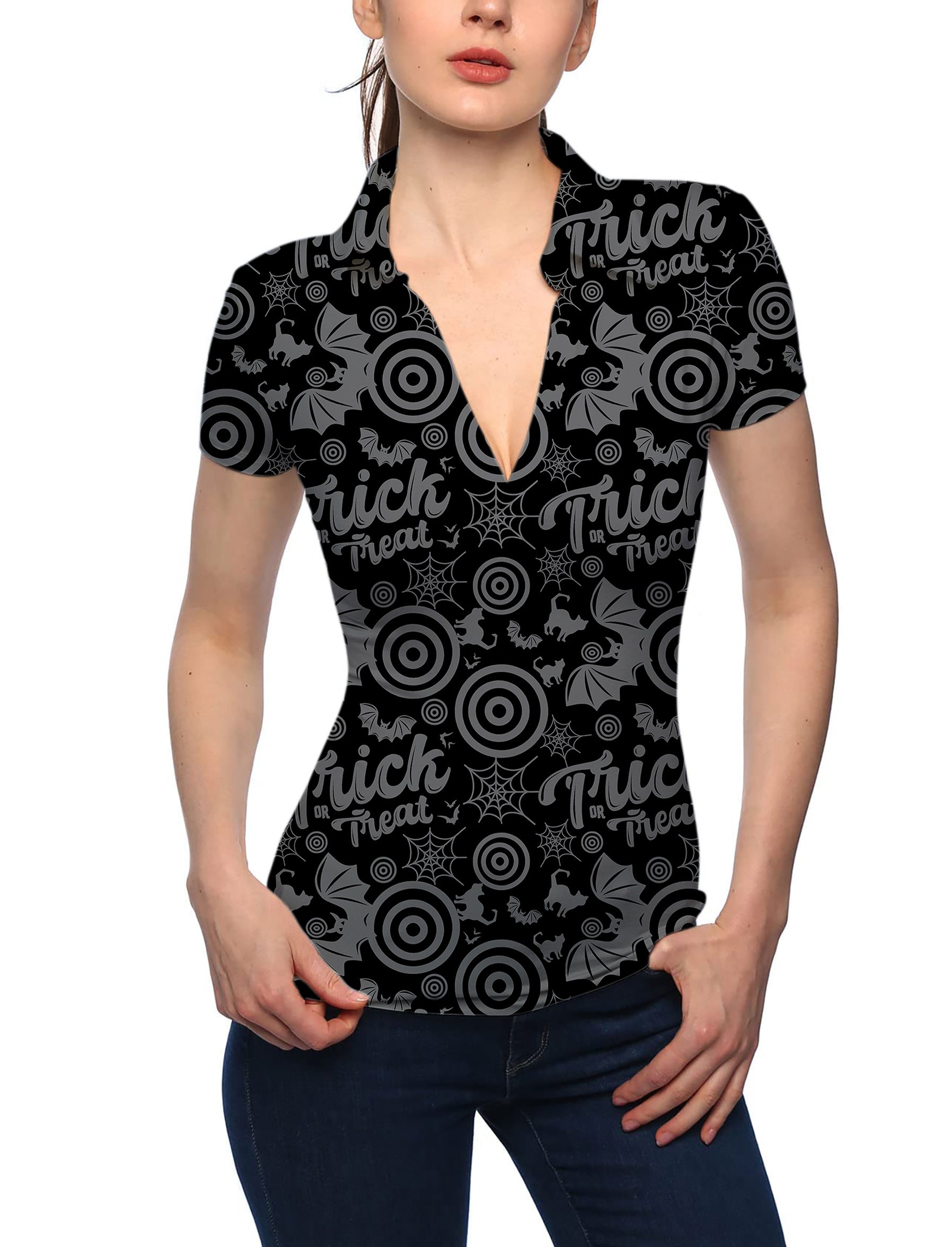 Women's Halloween V neck golf polo with bat, cat, and circle Halloween patterns in black