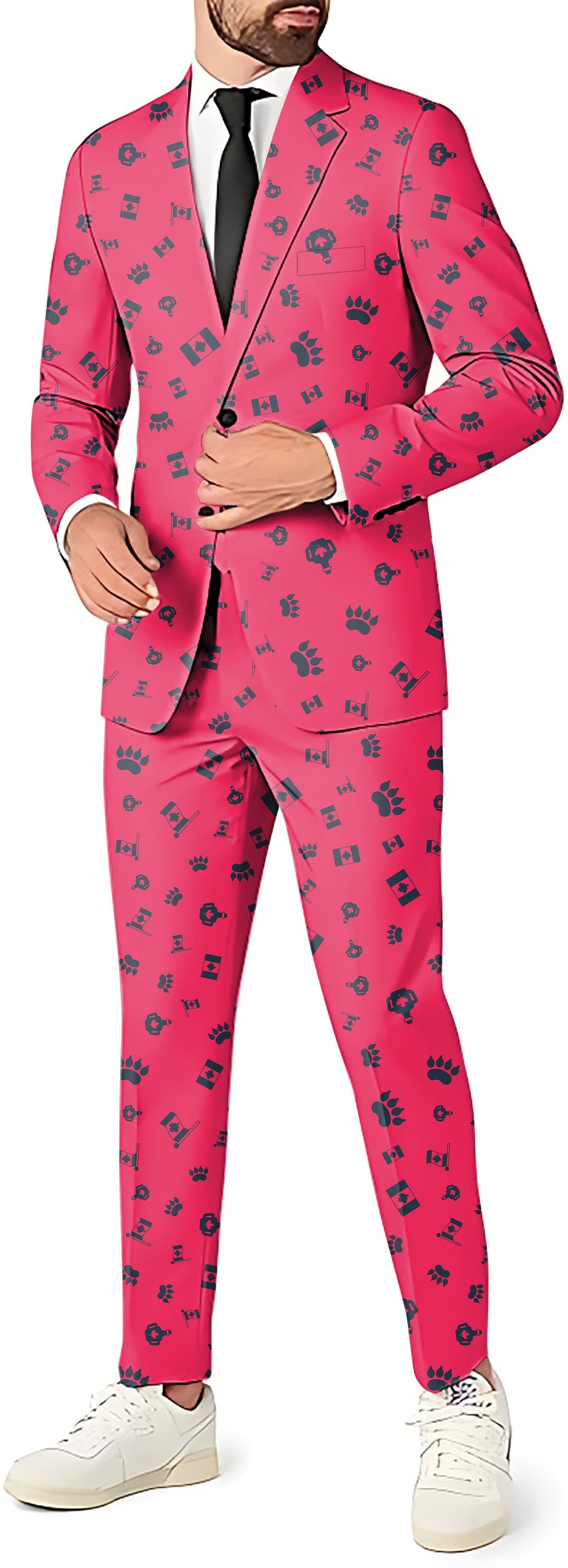 Men's Canadian Flag Paw pink blazer and pants party suit set with paw prints and maple leaf patterns