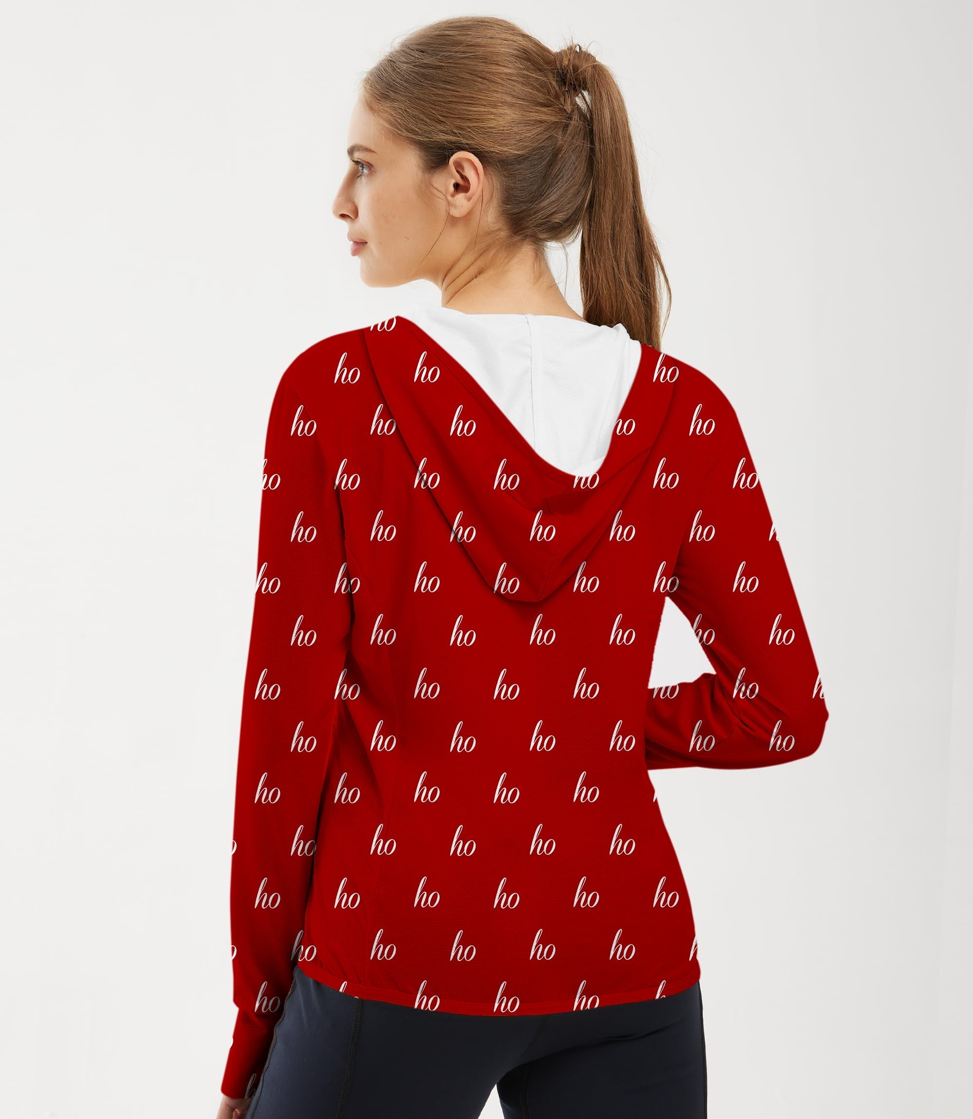 Women's outdoor red slim fit zip hoodie with custom name and Christmas "ho" pattern, UV protection, moisture-wicking fabric, and thumb holes for sun protection.
