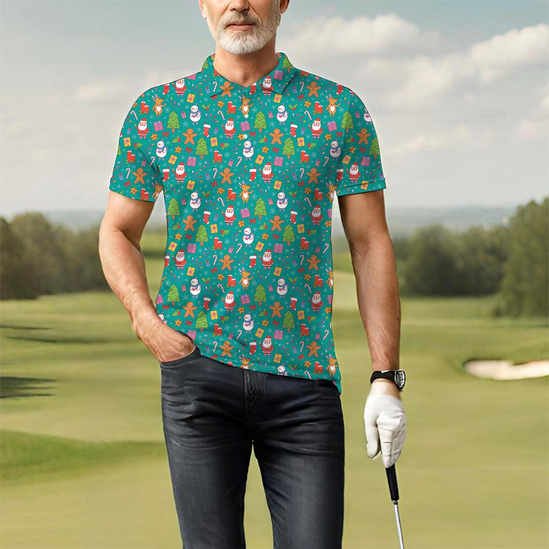 Men's Merry Christmas golf polo with festive holiday patterns, perfect for stylish golfers on the course
