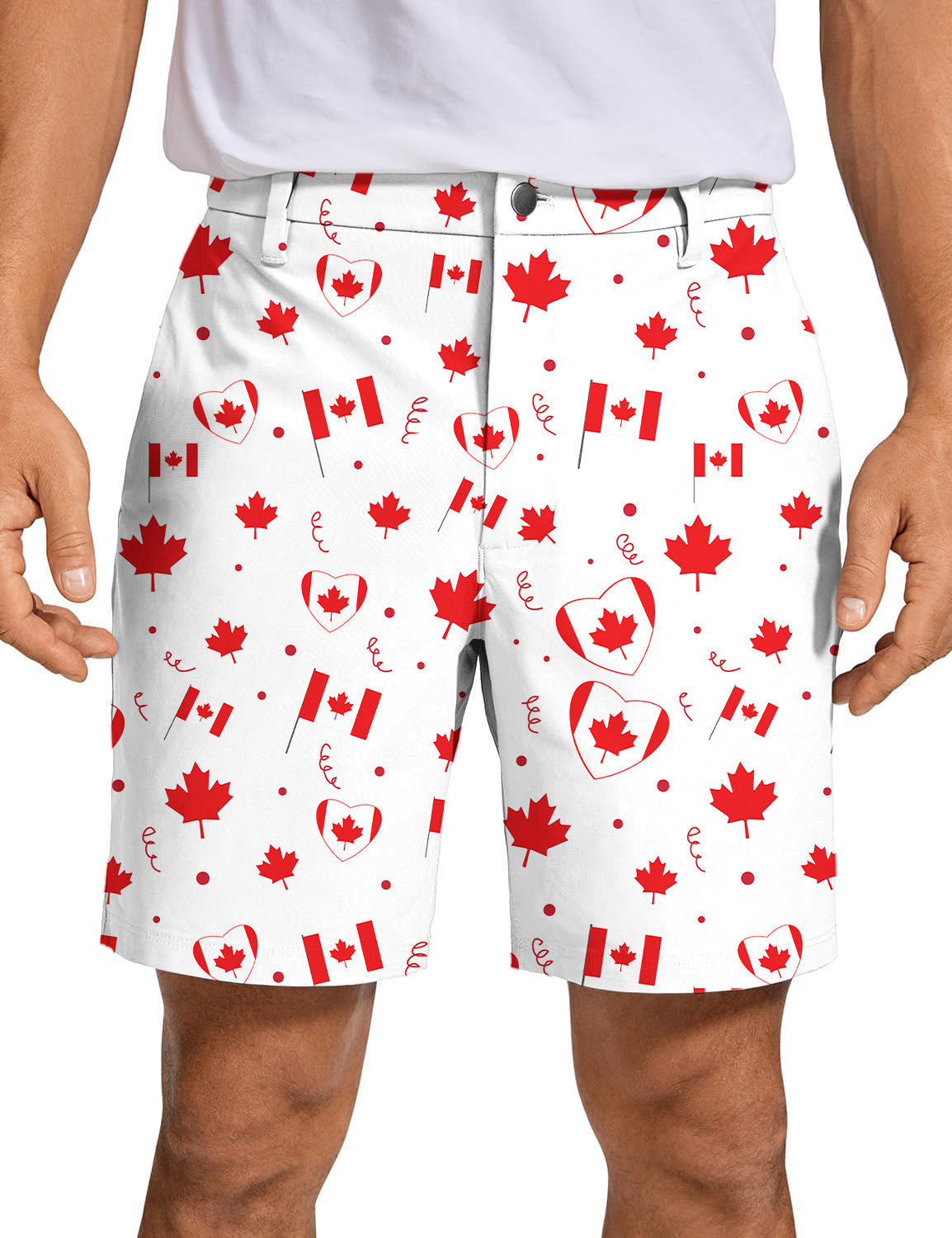 Men's Canadian patriotic flag golf shorts with red maple leaf and flag pattern, quick-dry fabric