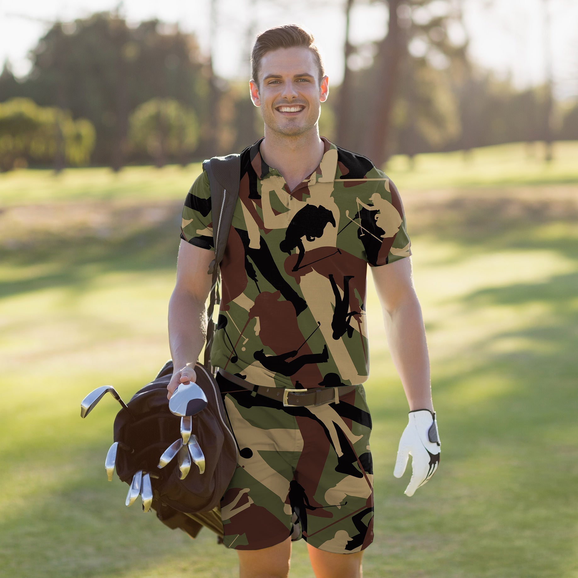 Men's golf set polo and shorts in army green camo with moisture-wicking fabric and four-way stretch for comfort