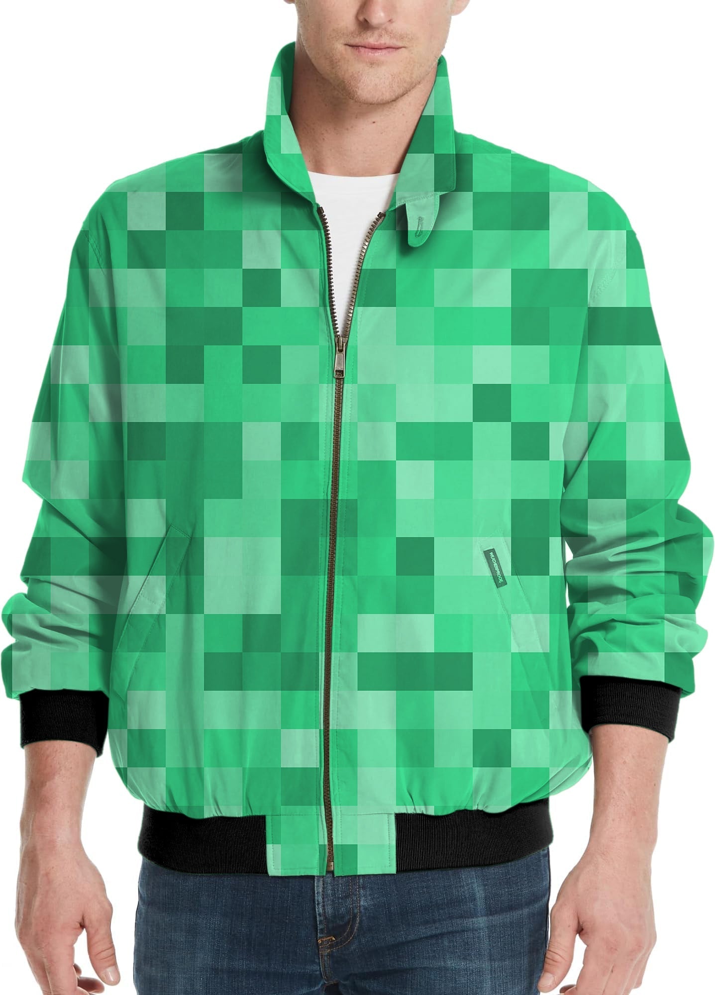 Green Pixel Big Men's golf windbreaker jacket with pixel pattern and zipper front