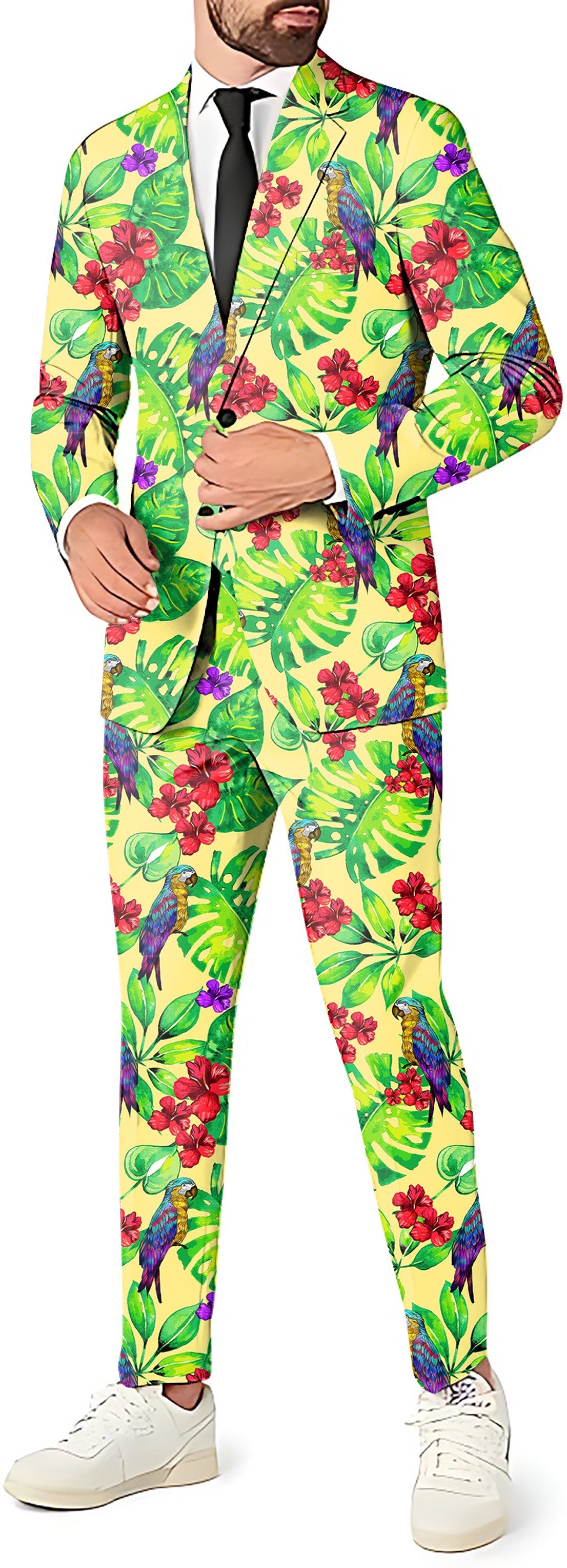 Men's Toucan tropical flowers themed party suit with blazer, pants, and vest in vibrant floral print