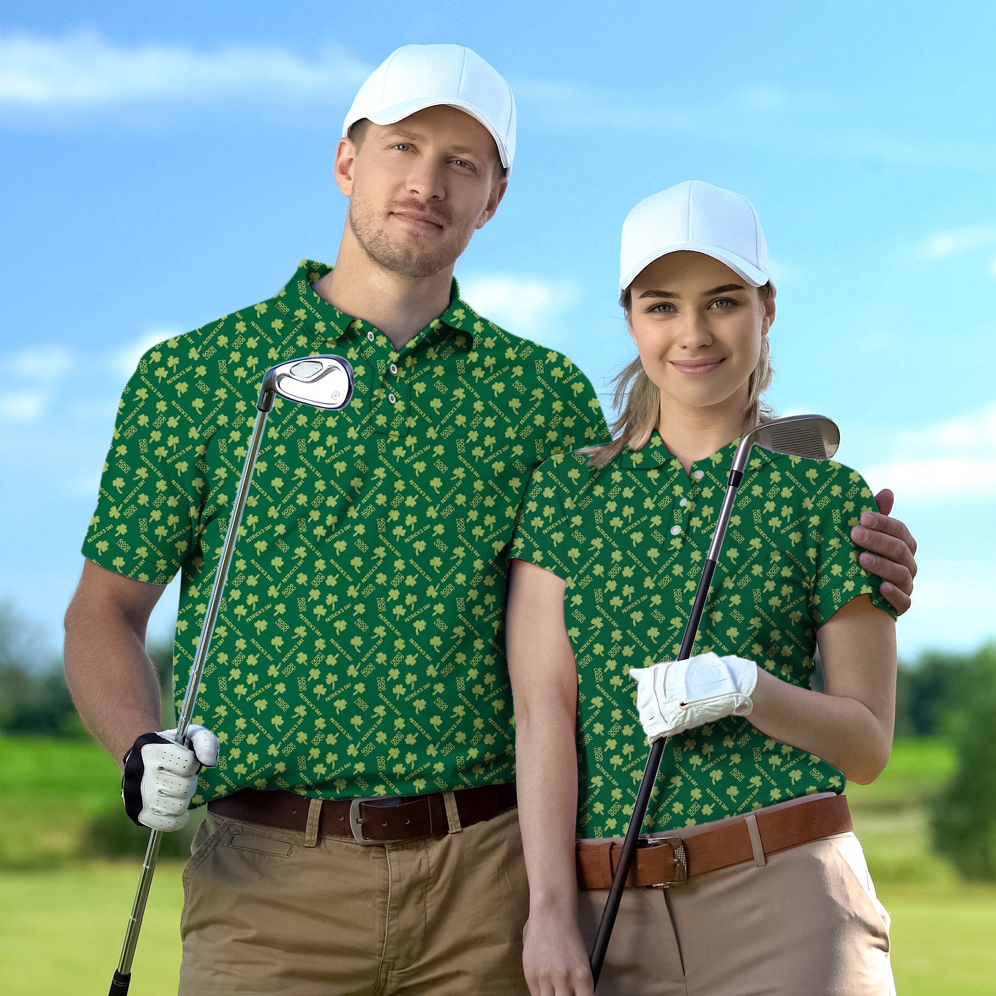 Golf polo couple wearing green clover print shirts with white caps on golf course