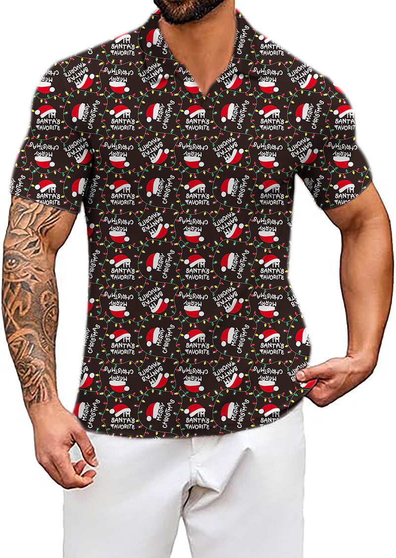 Men's Coconut Palm navy blue ink dot Christmas shirt with black festive pattern and short sleeves