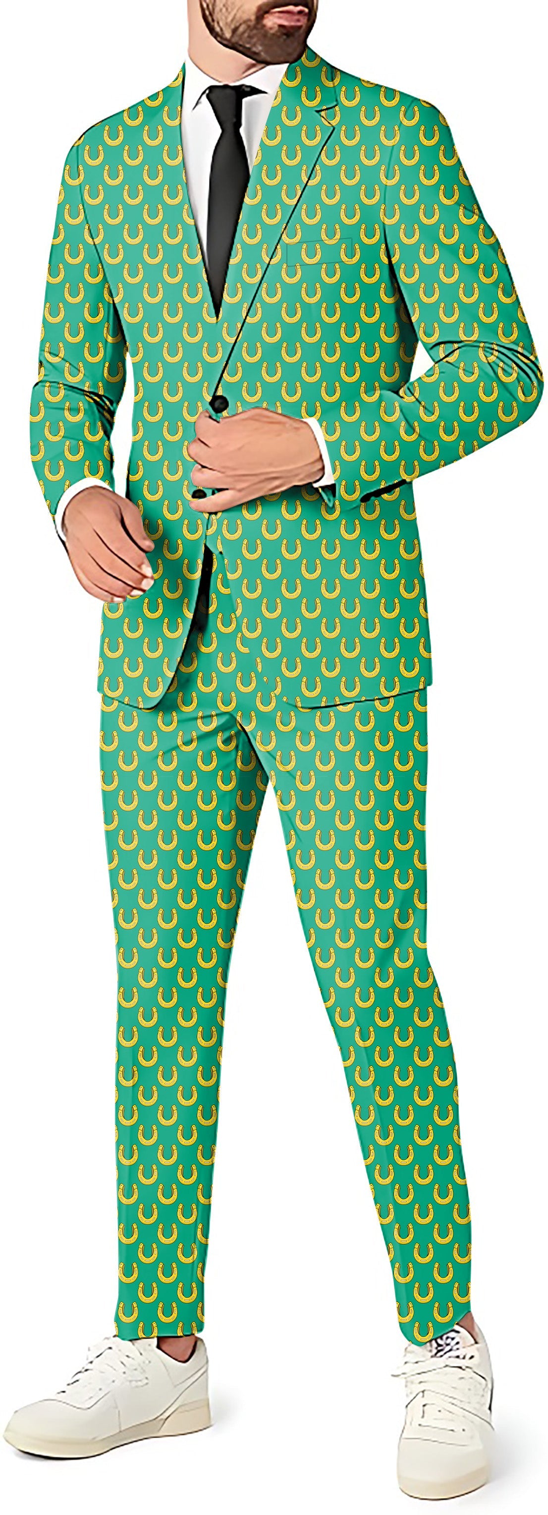 horseshoe men's party costume green blazer and pants set with horseshoe pattern