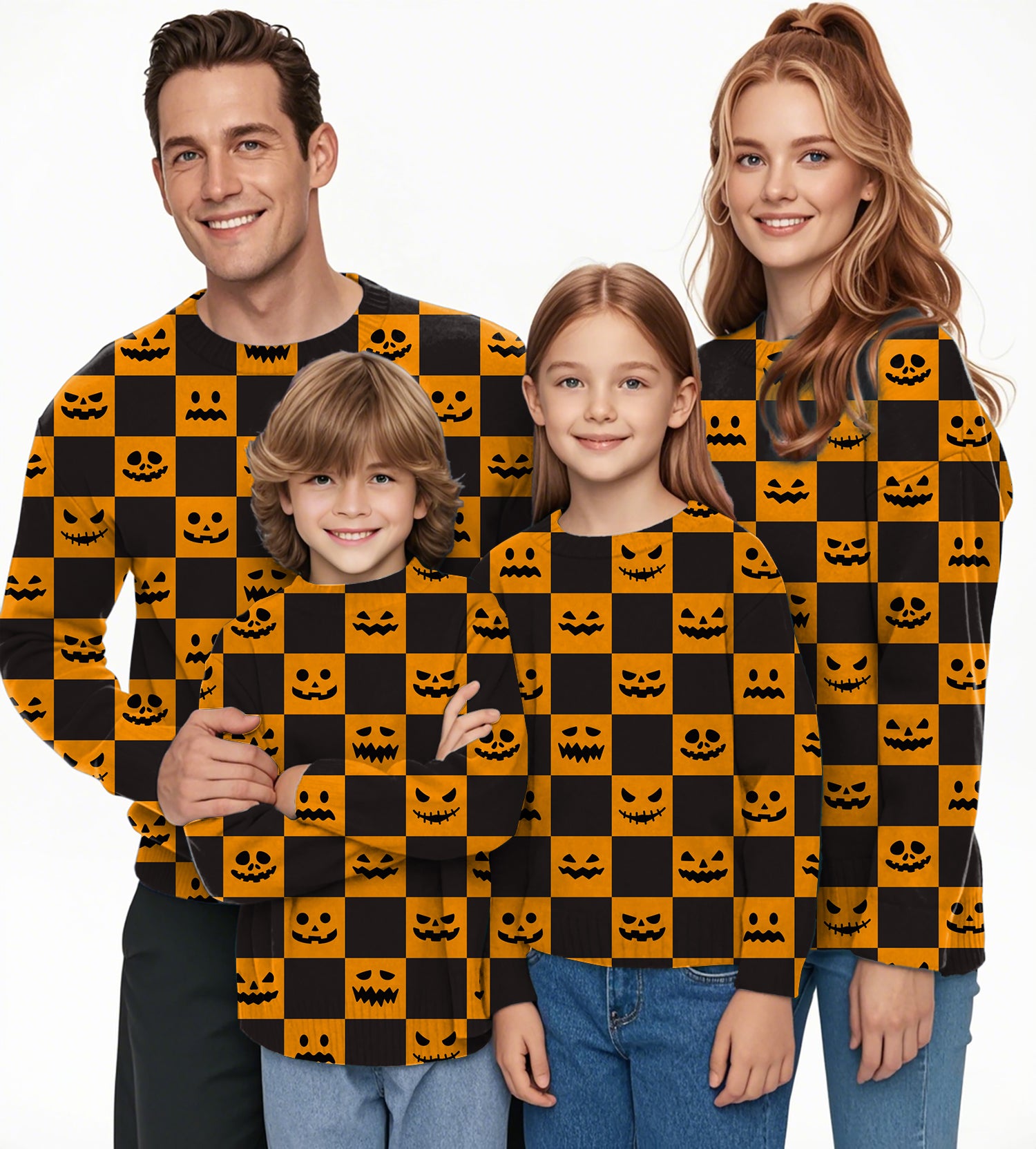 Halloween black and yellow checkerboard pumpkin Crewneck Pullover Ugly Sweater Men Women boy girl family